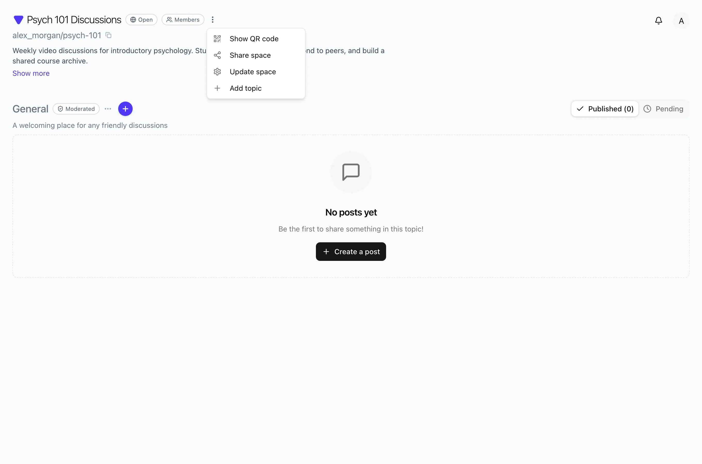 Space options menu open with Add topic selected among Share and Update space