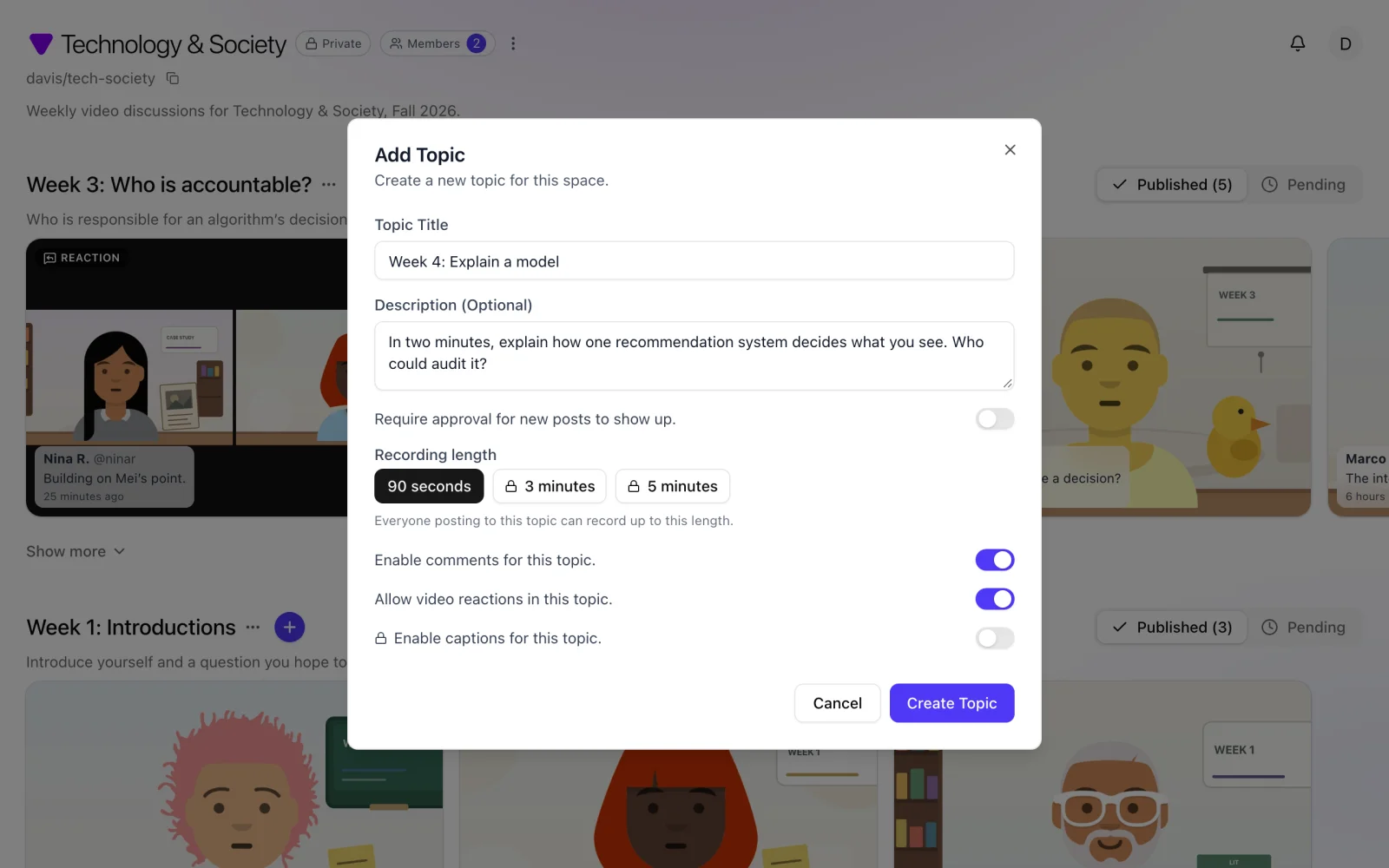 Add Topic dialog with comments and Allow video reactions in this topic turned on