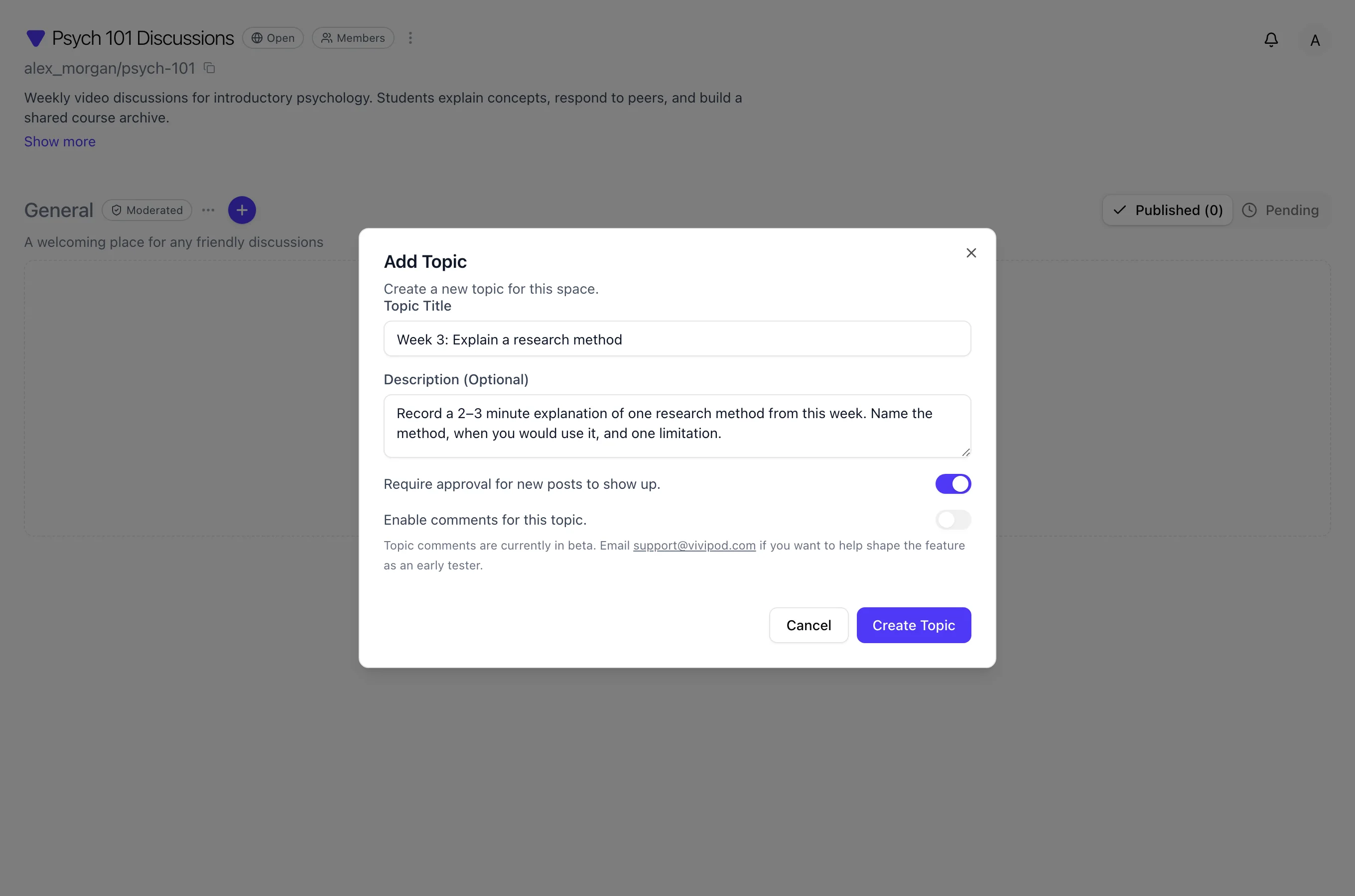 Add Topic dialog with title, description, post approval on, and comments off