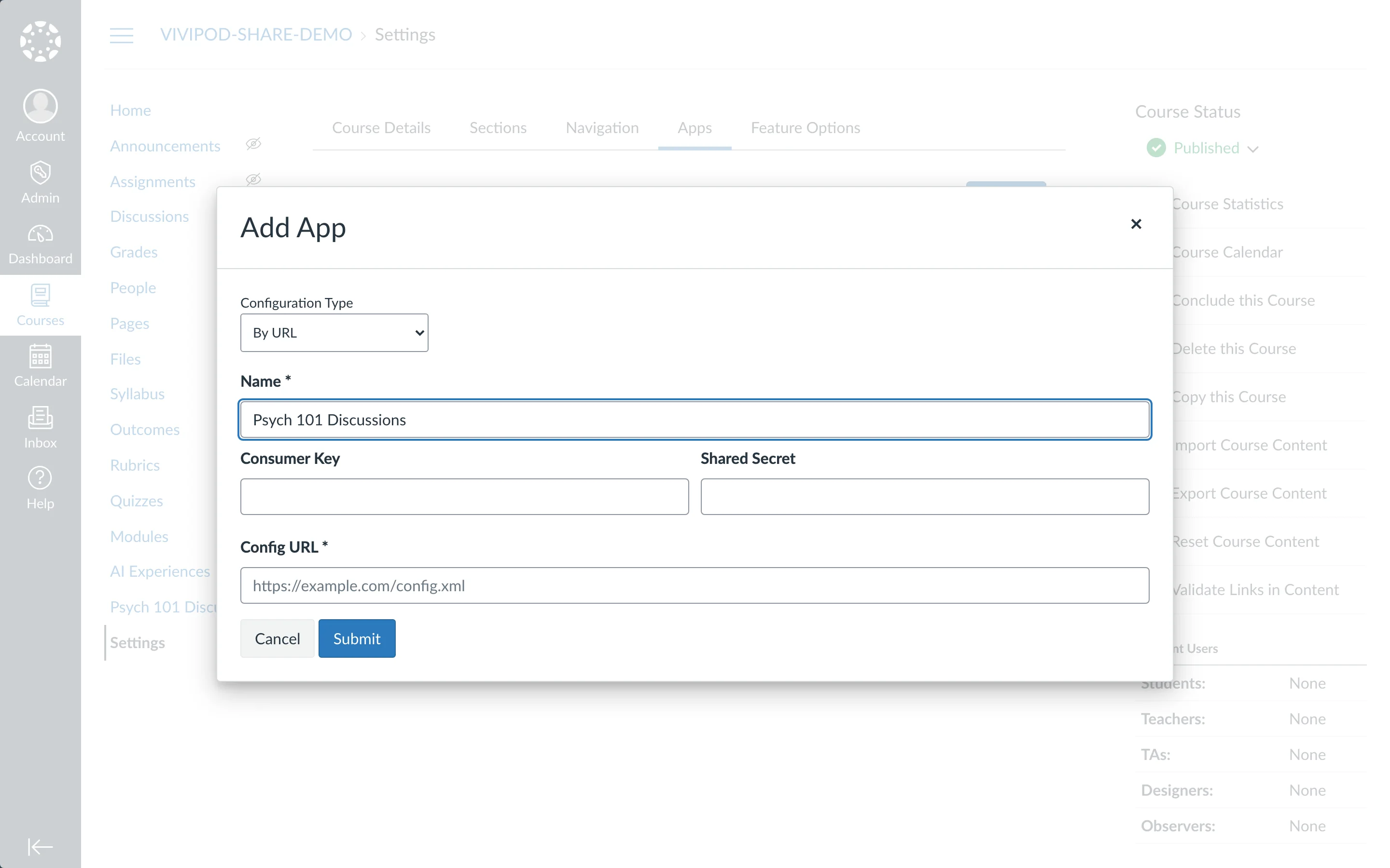 Canvas Add App dialog with Configuration Type By URL and Name filled
