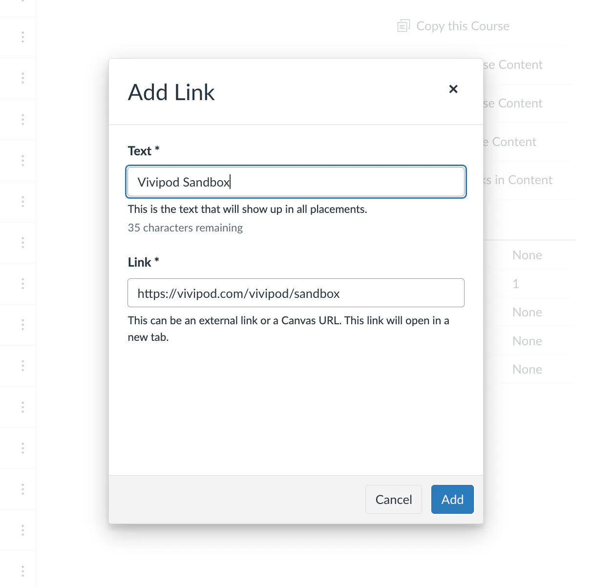 Canvas Add Link dialog with Vivipod Sandbox as the text and a Vivipod Space URL as the link