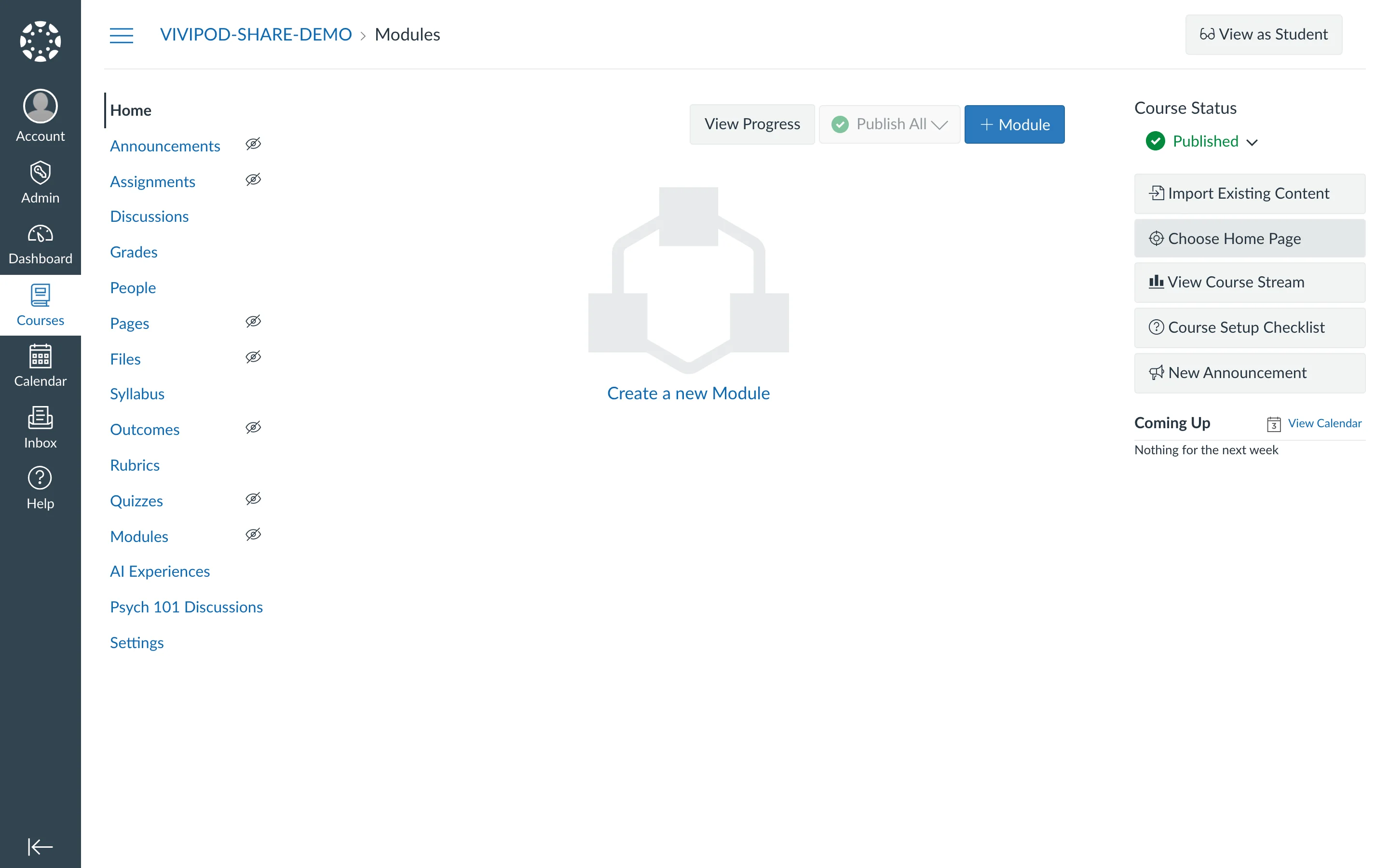 Canvas course navigation listing Psych 101 Discussions among standard course items