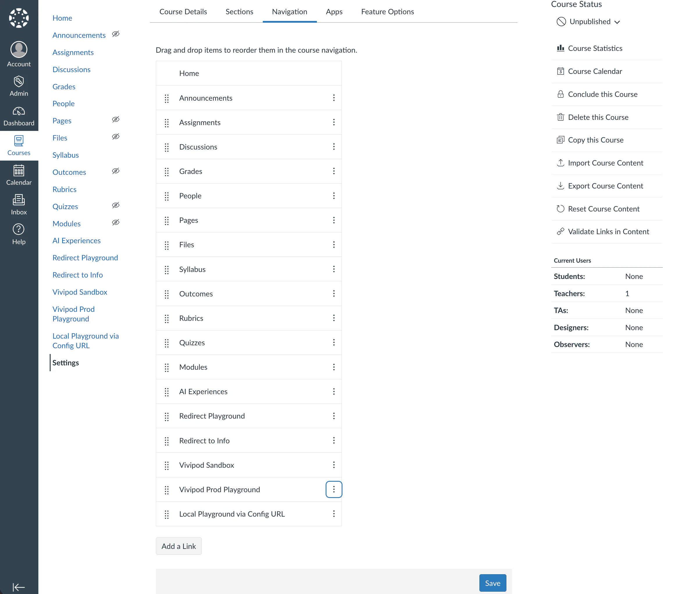 Canvas course Navigation settings with the Add a Link button below the enabled navigation items