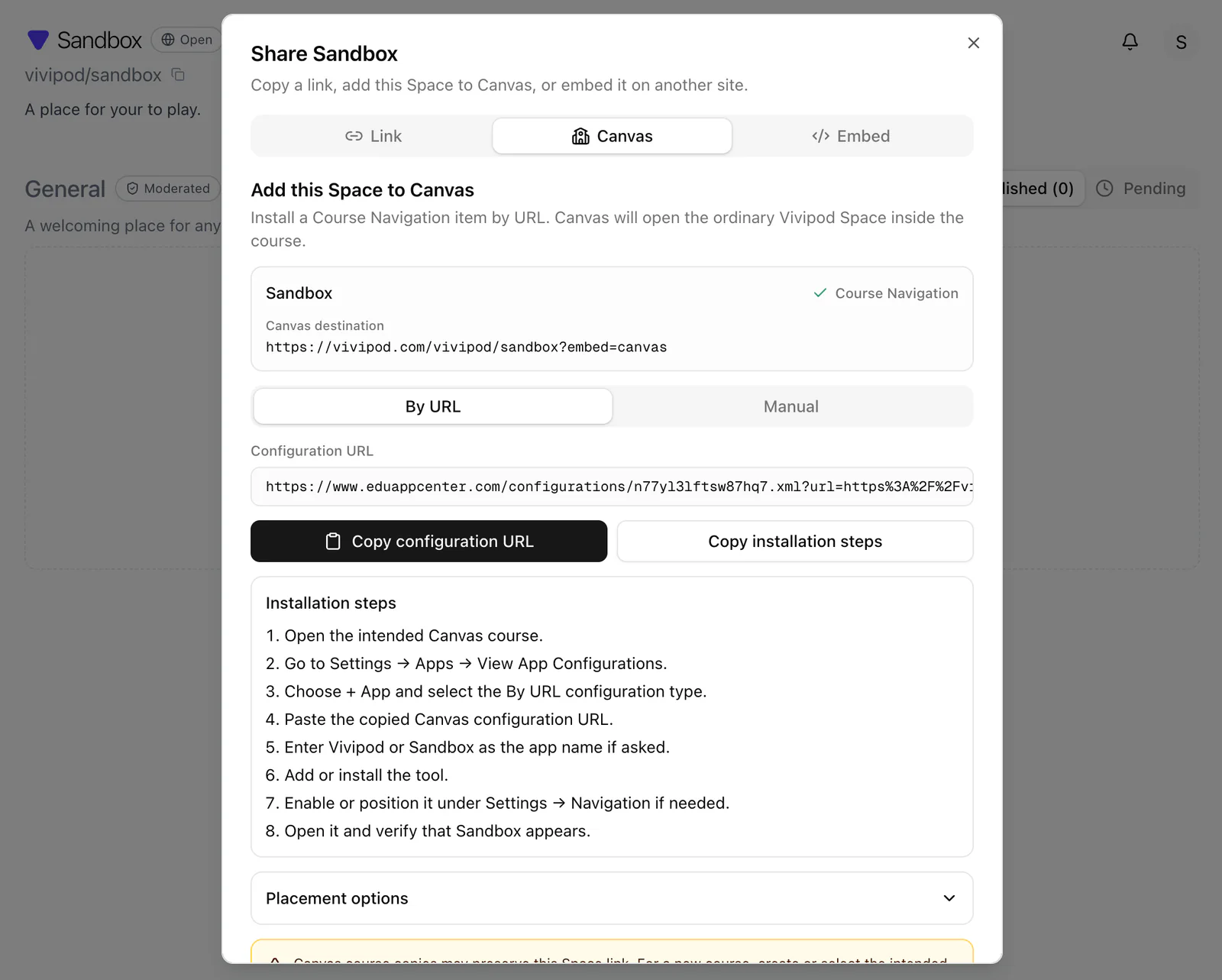 Vivipod Share dialog with the Canvas tab selected, showing a Canvas destination, configuration URL, and installation steps
