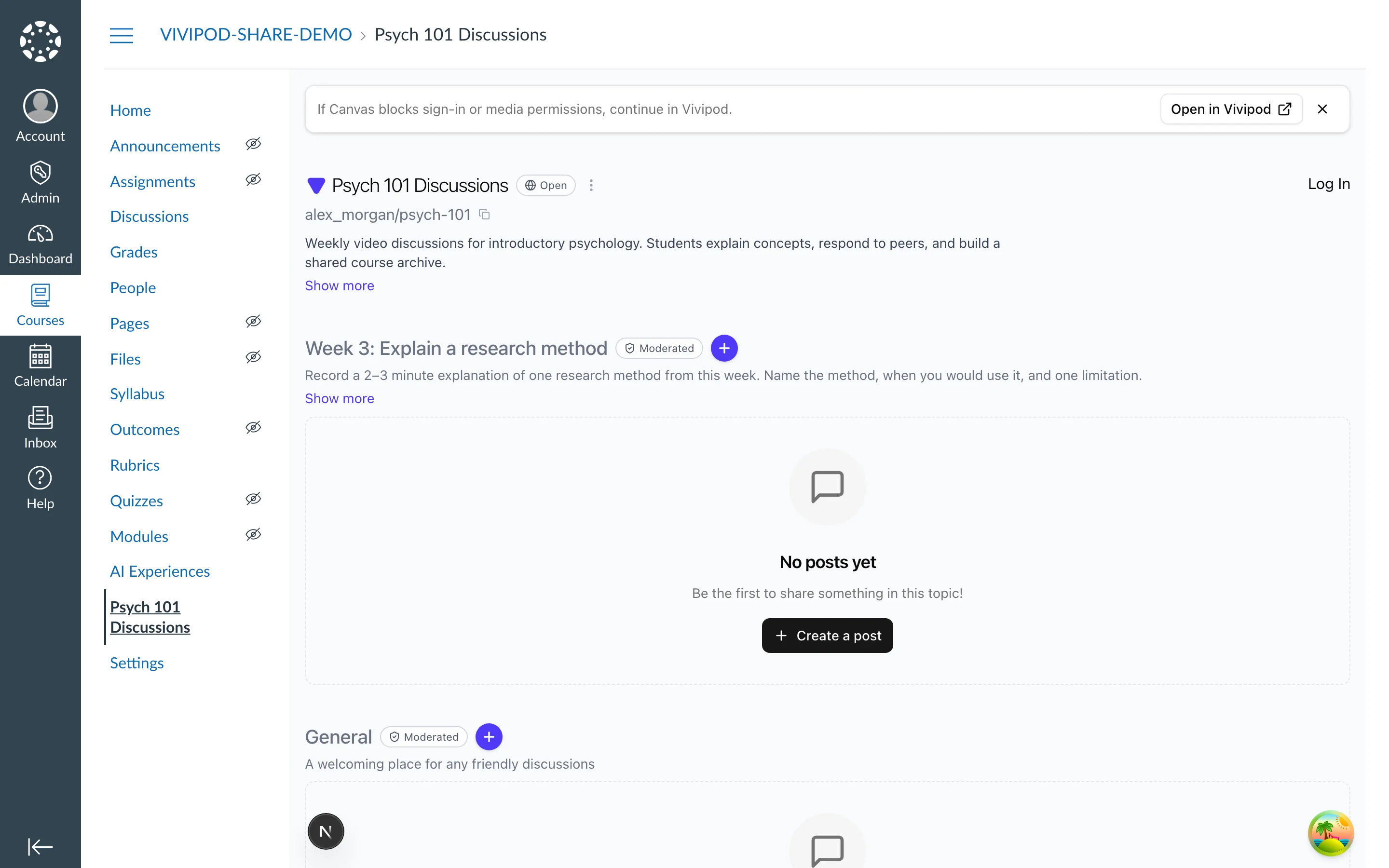 Vivipod Space embedded in Canvas Course Navigation with Open in Vivipod fallback