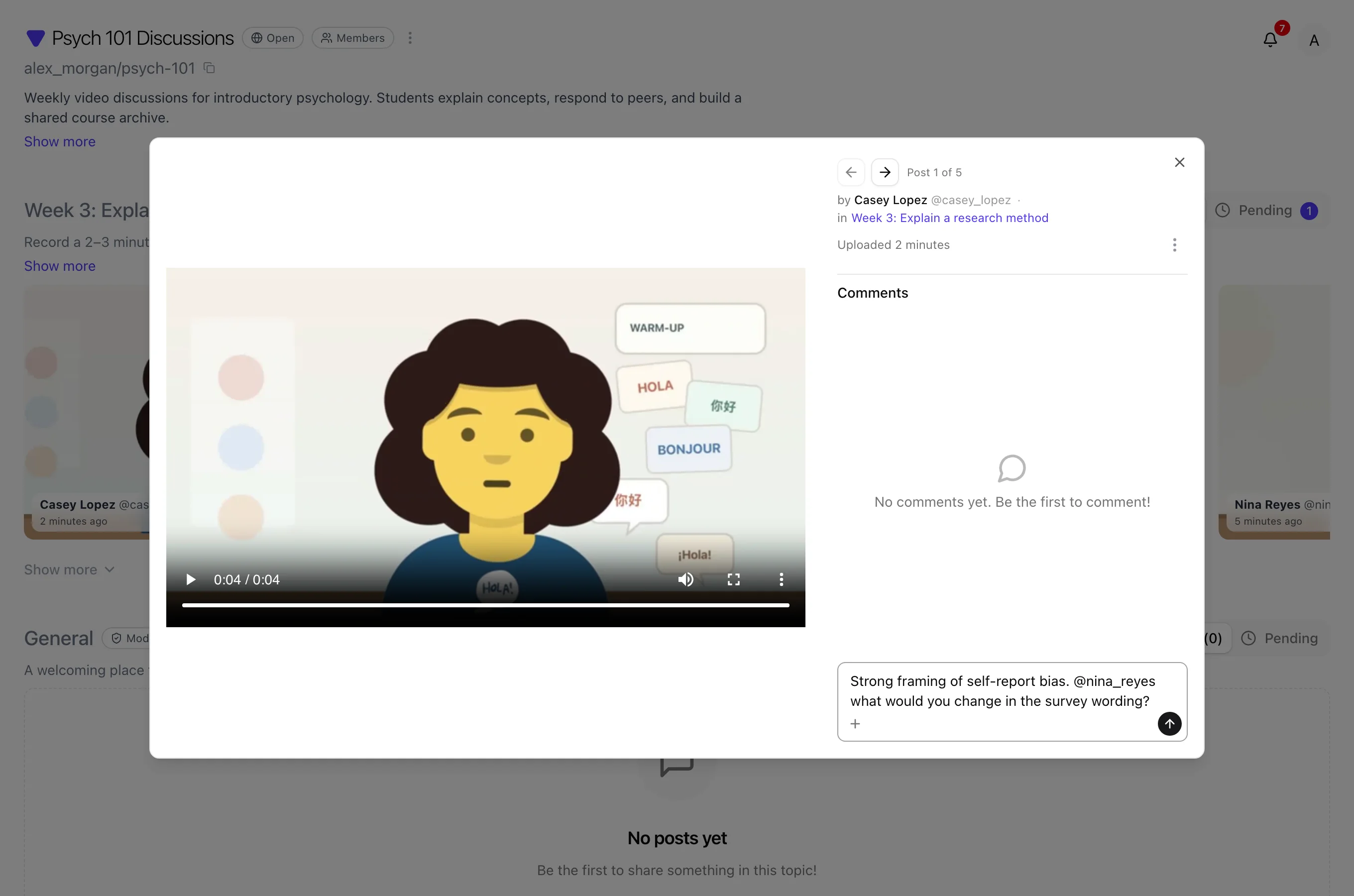 Comment composer with mention text and insert current playtime control