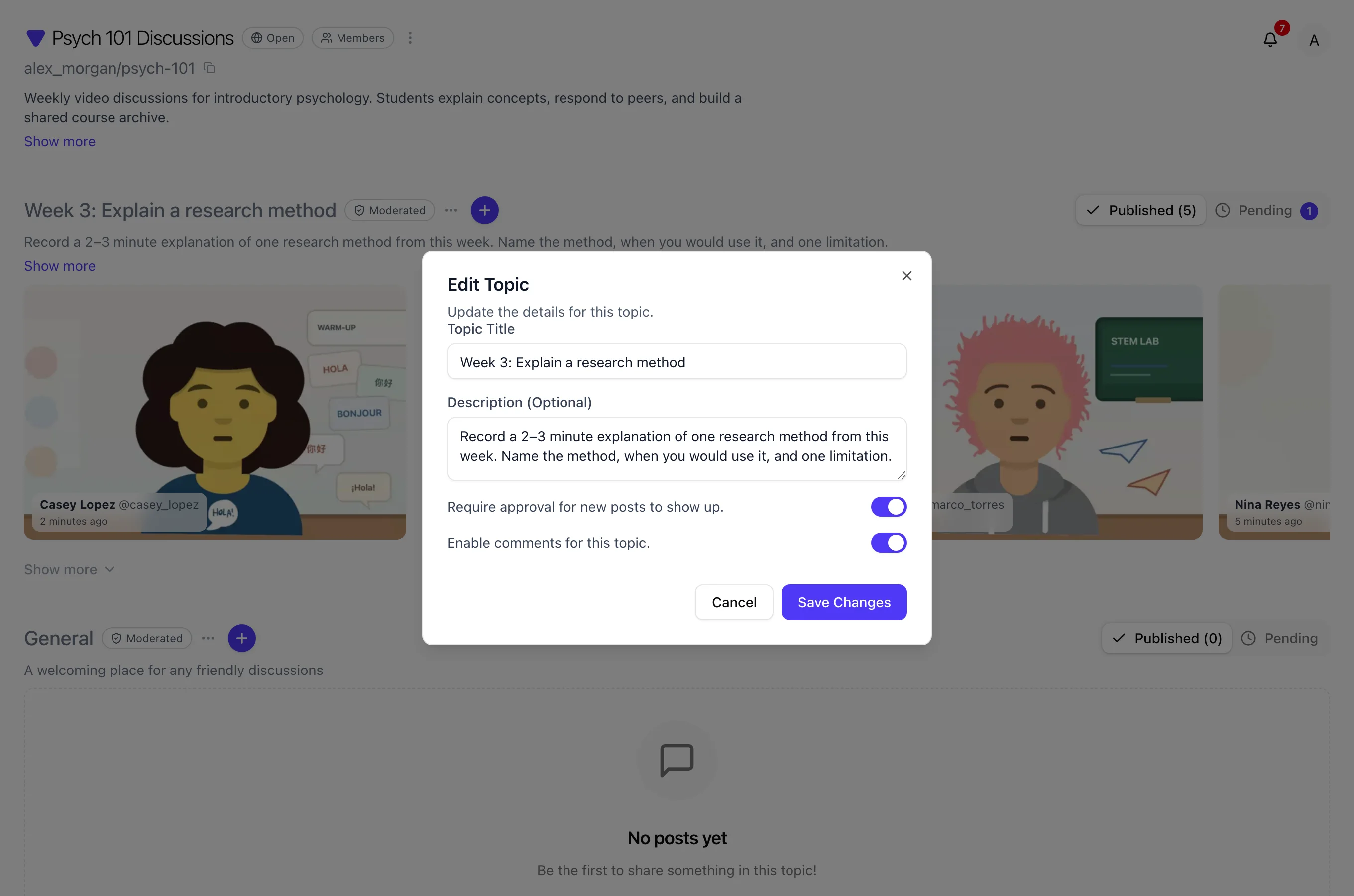 Edit Topic form with comments setting enabled