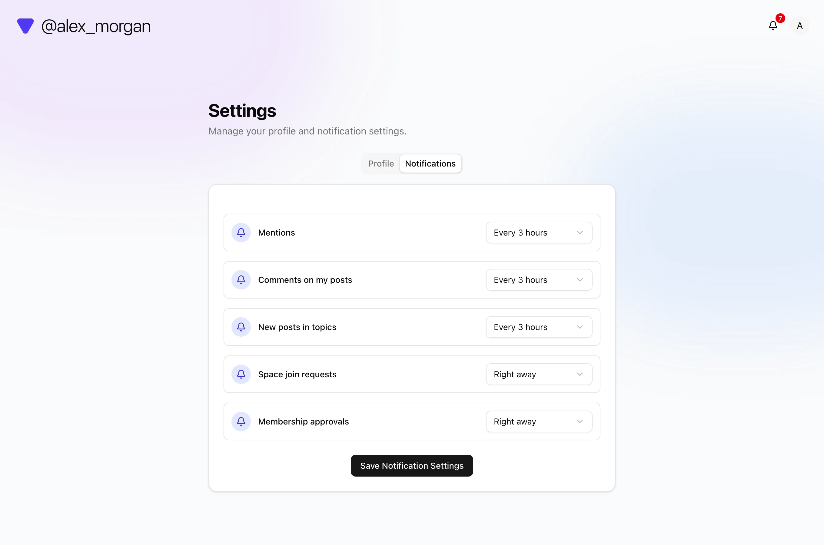 Notification settings form with preferences for comments, mentions, and membership