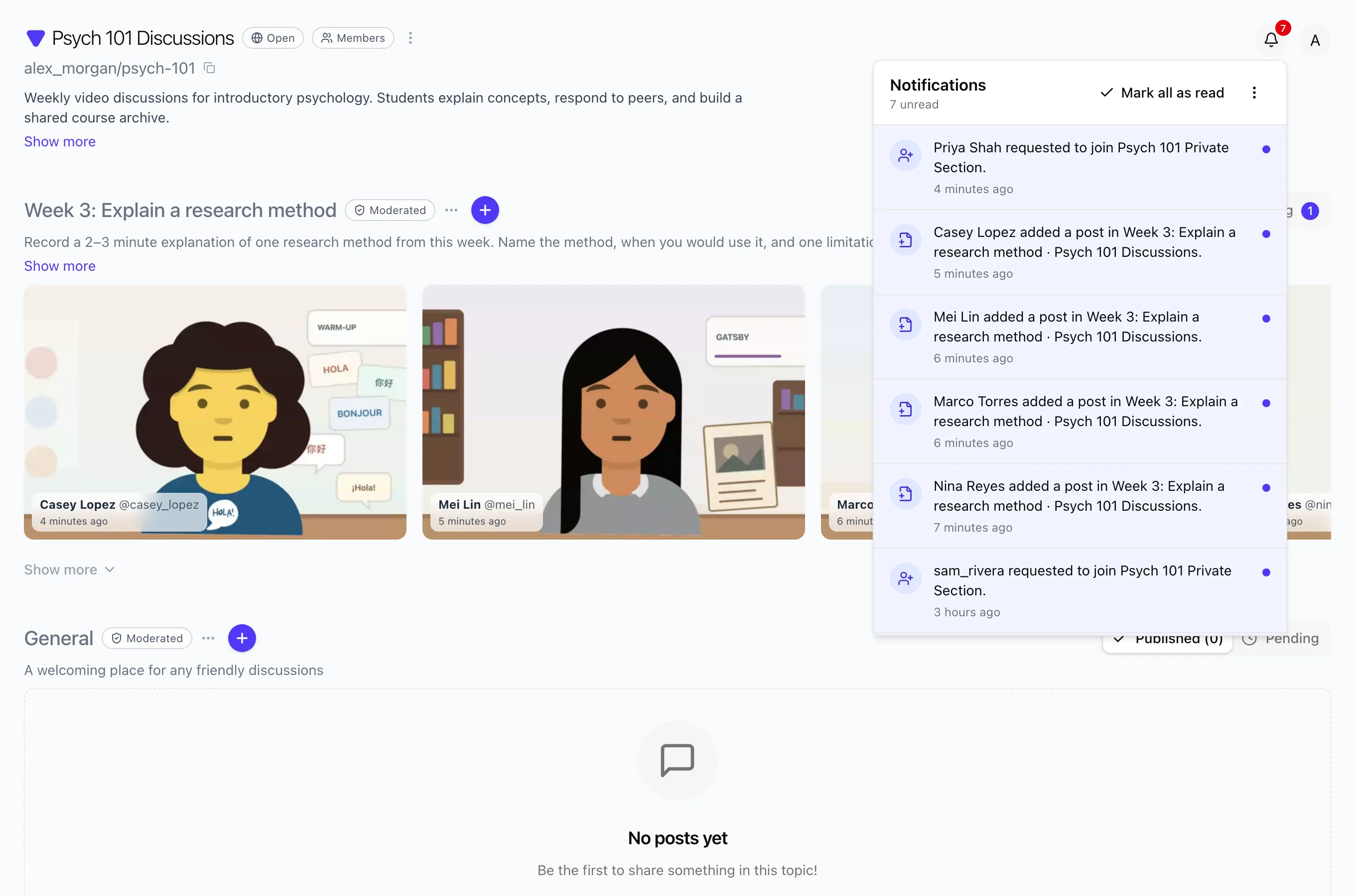 Notification bell open showing recent activity including comments and membership items