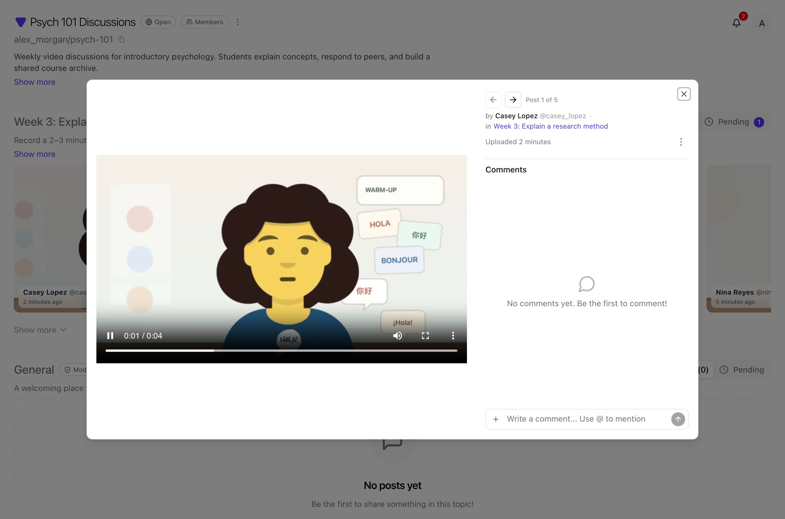 Post detail with video and empty comments panel ready for the first comment