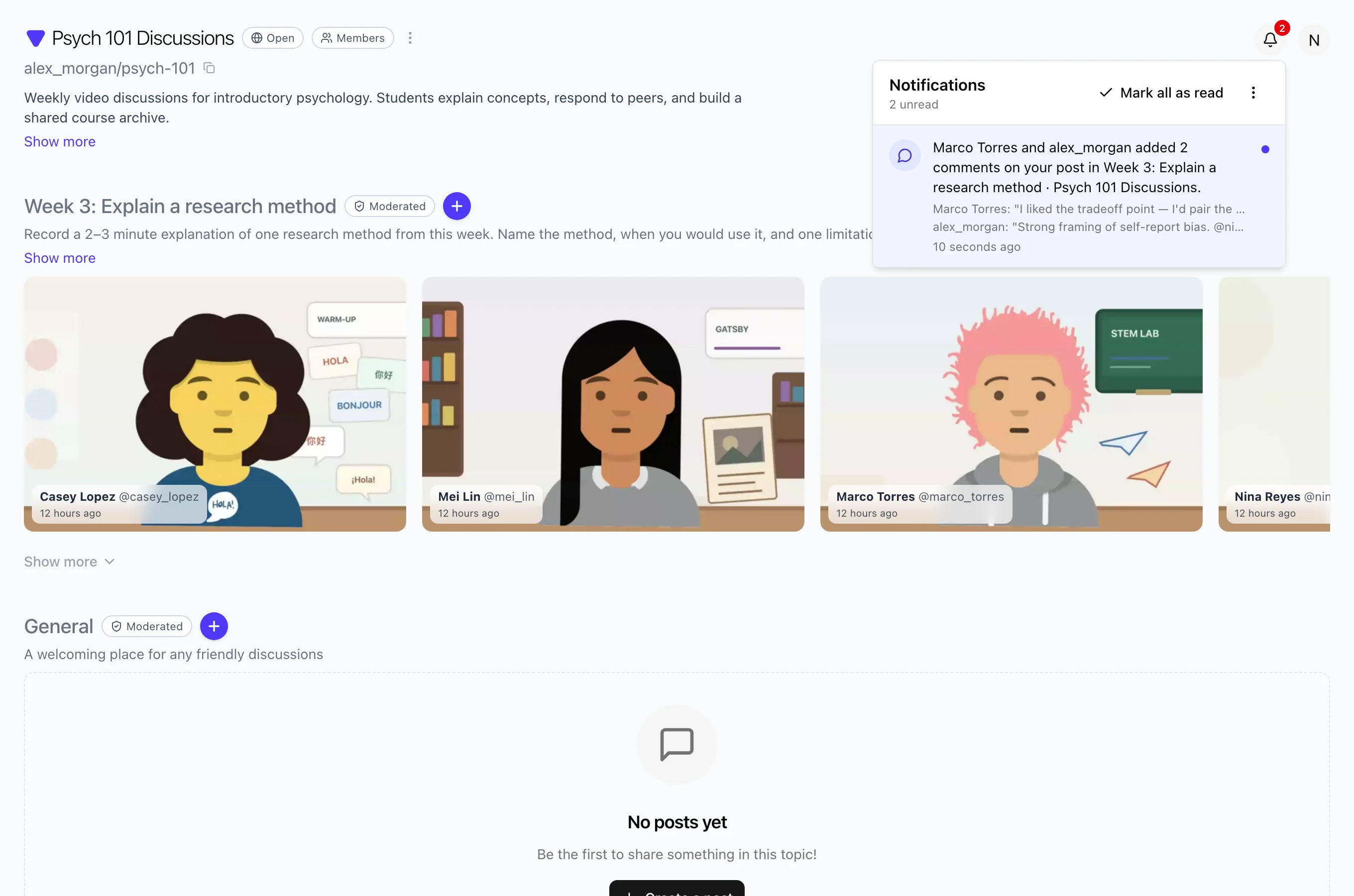 Student notification panel with membership and discussion activity