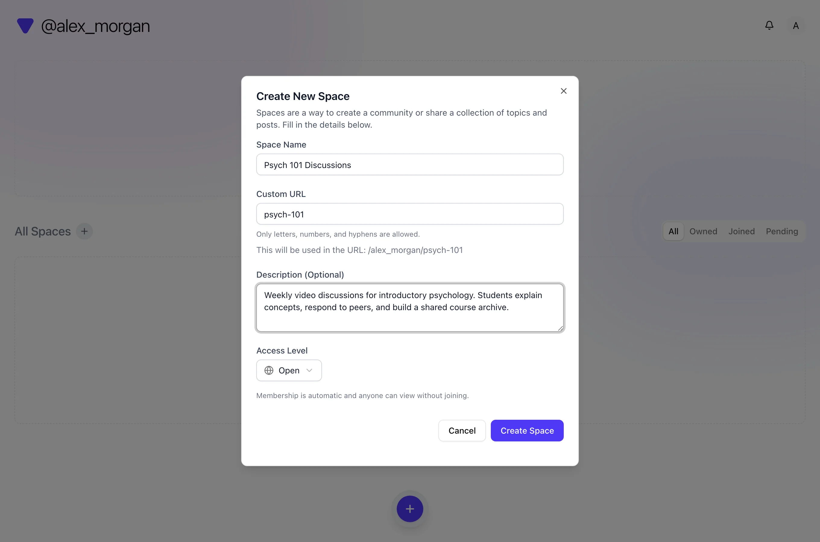 Create New Space dialog filled with Psych 101 Discussions, psych-101 URL, description, and Open access