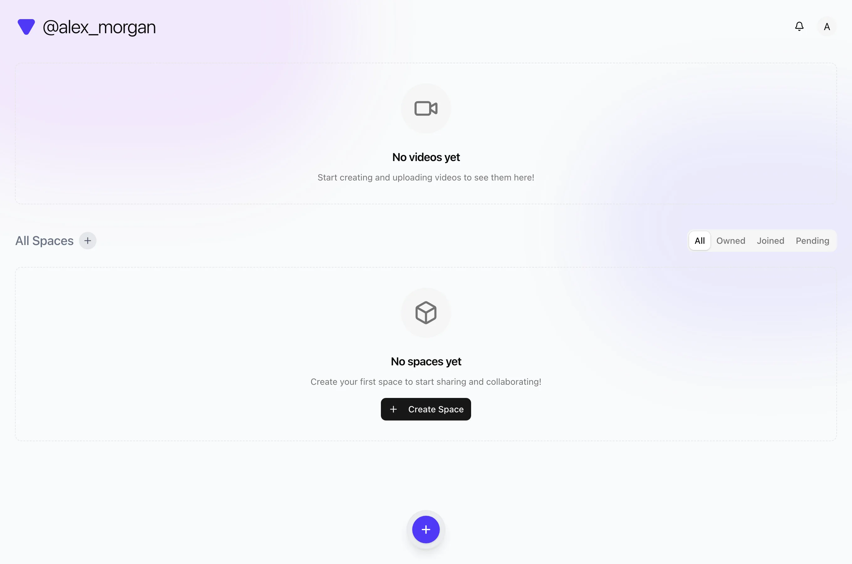 Empty Vivipod dashboard for a new account showing Create Space