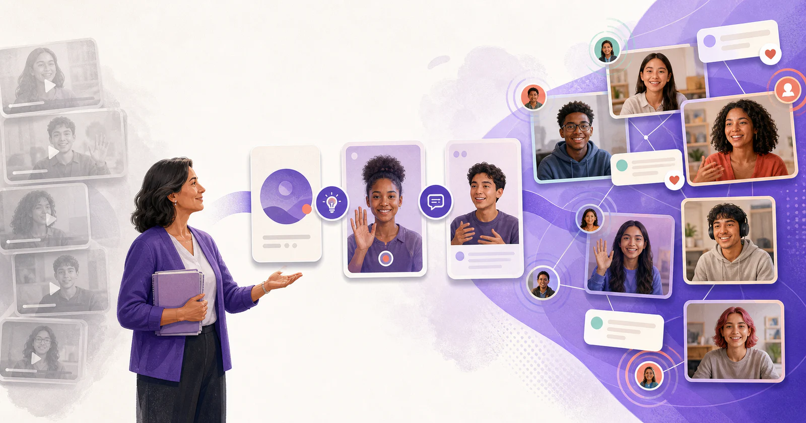 Illustration of an educator moving from a faded legacy video grid to a lively network of student responses, comments, and notifications
