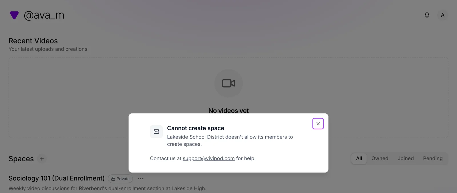 A Cannot create space dialog over a student's dashboard, reading: Lakeside School District doesn't allow its members to create spaces.