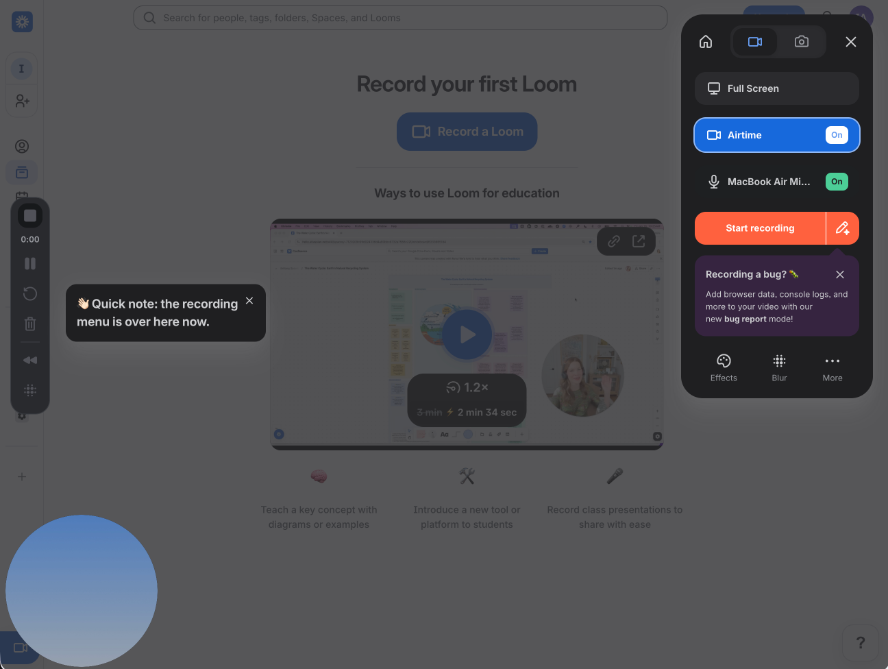 Loom Chrome extension recorder interface