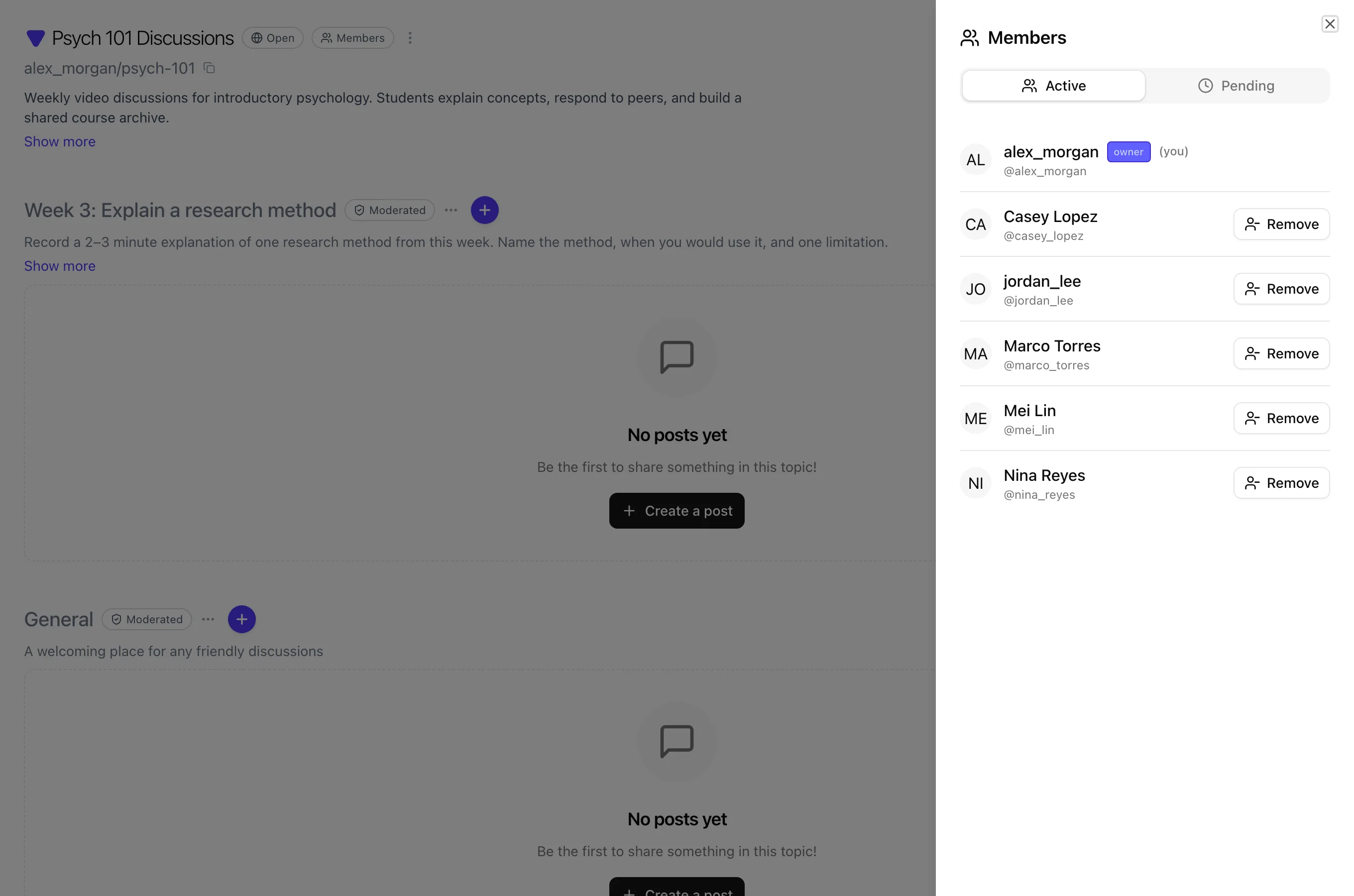 Members panel Active tab listing owner and several student members with Remove actions