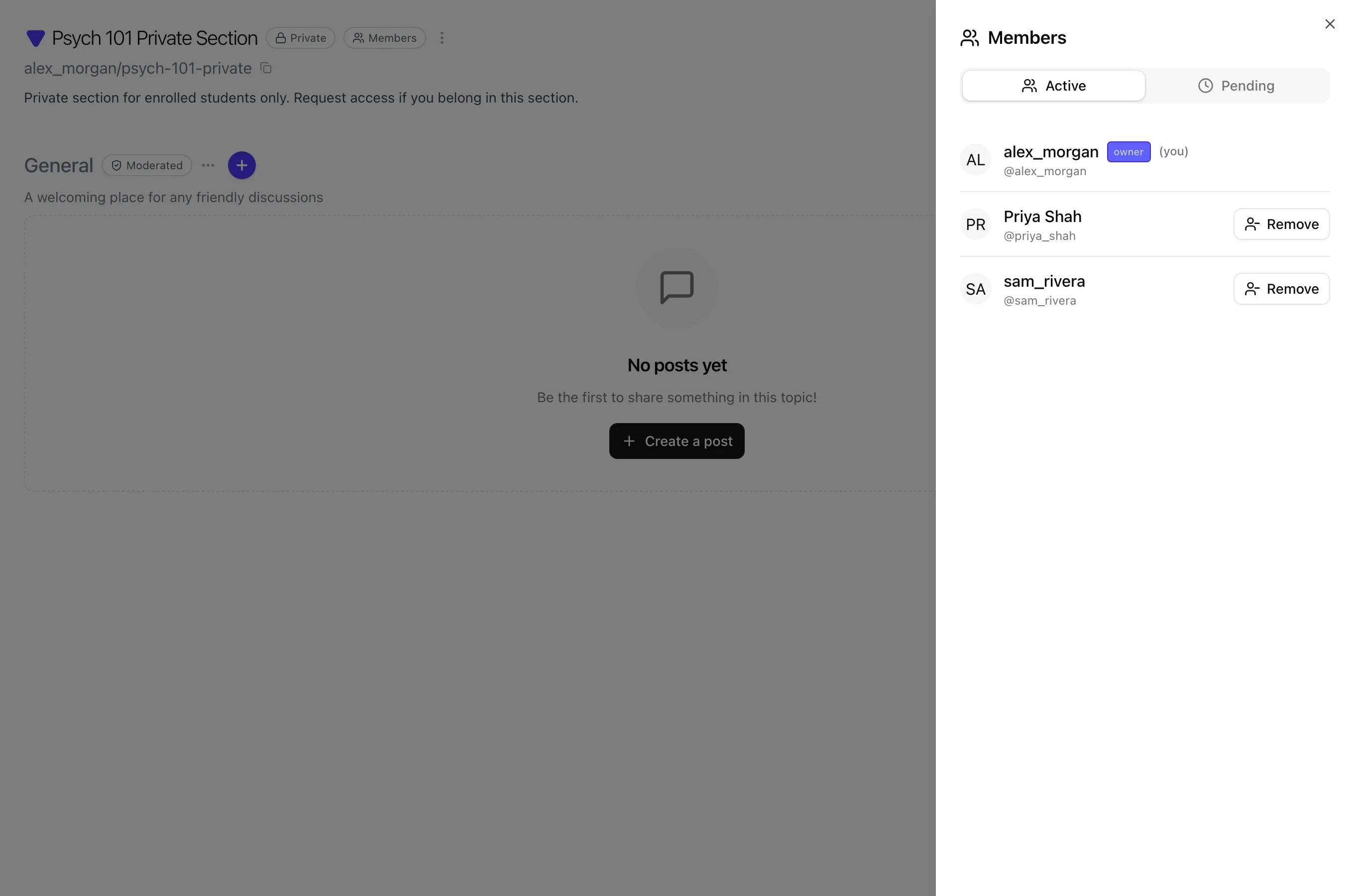 Members panel Active tab after approving a pending member