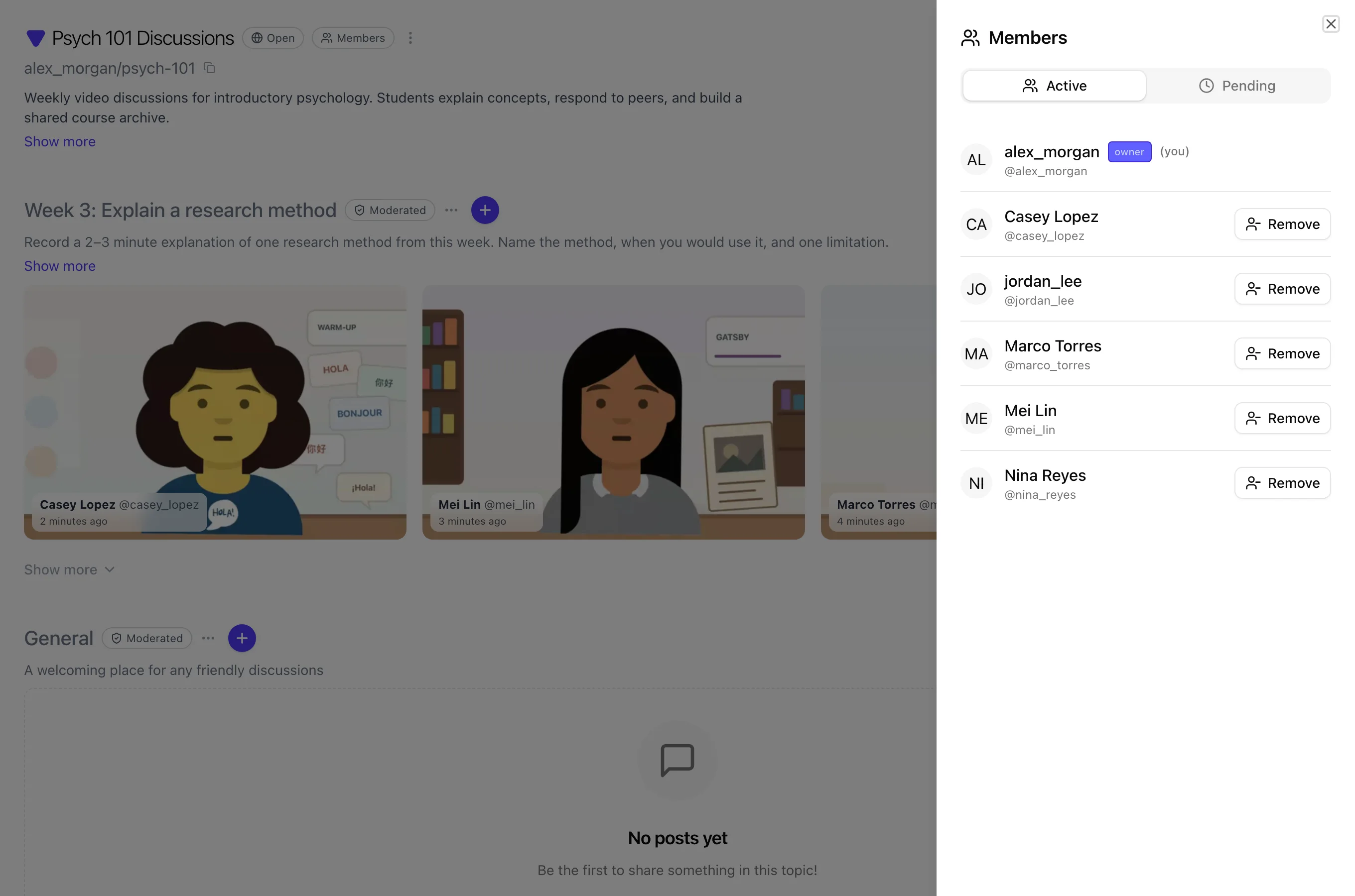 Members panel showing multiple active members with Remove controls