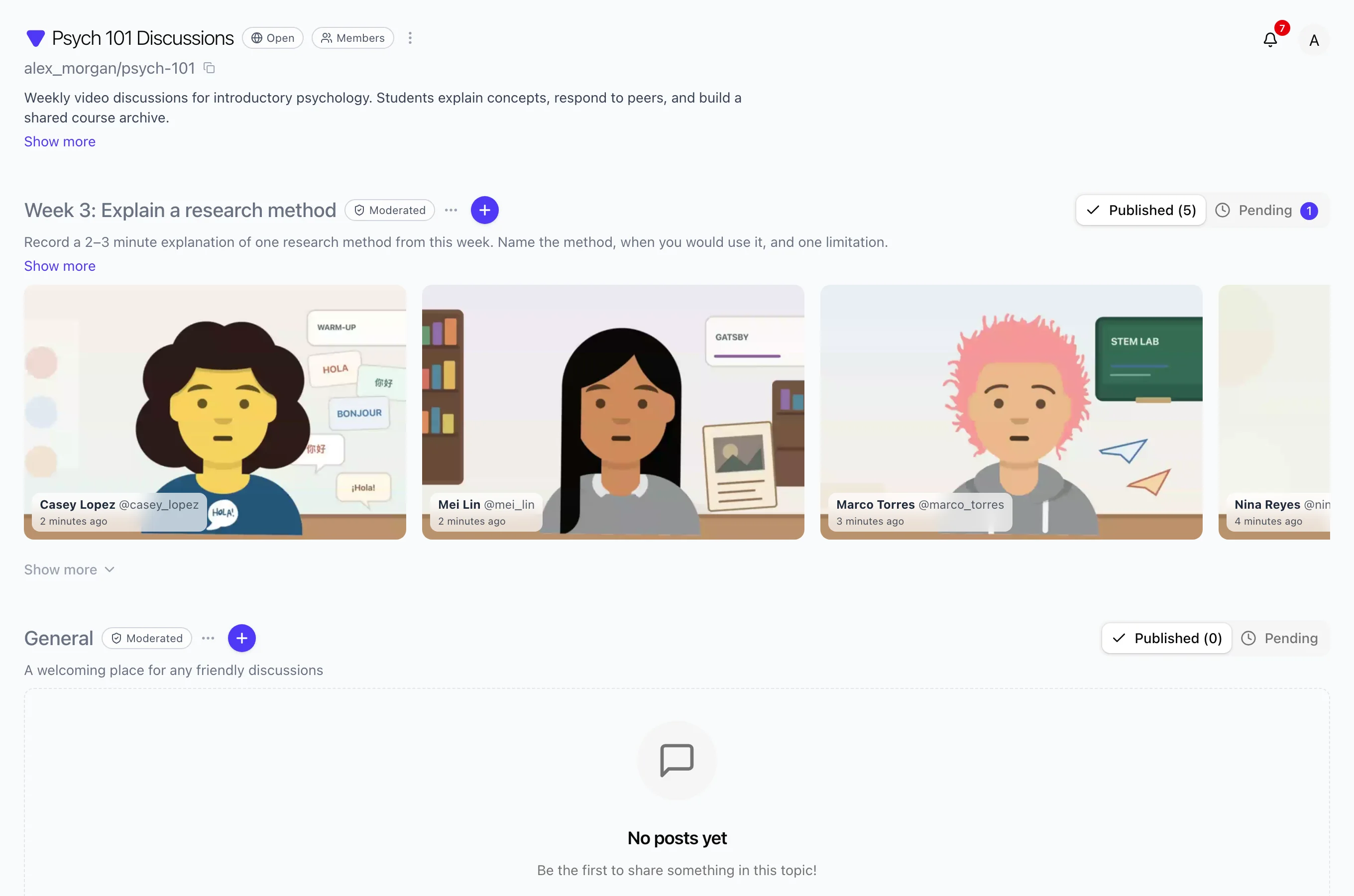 Topic Published tab showing multiple student video posts after moderation