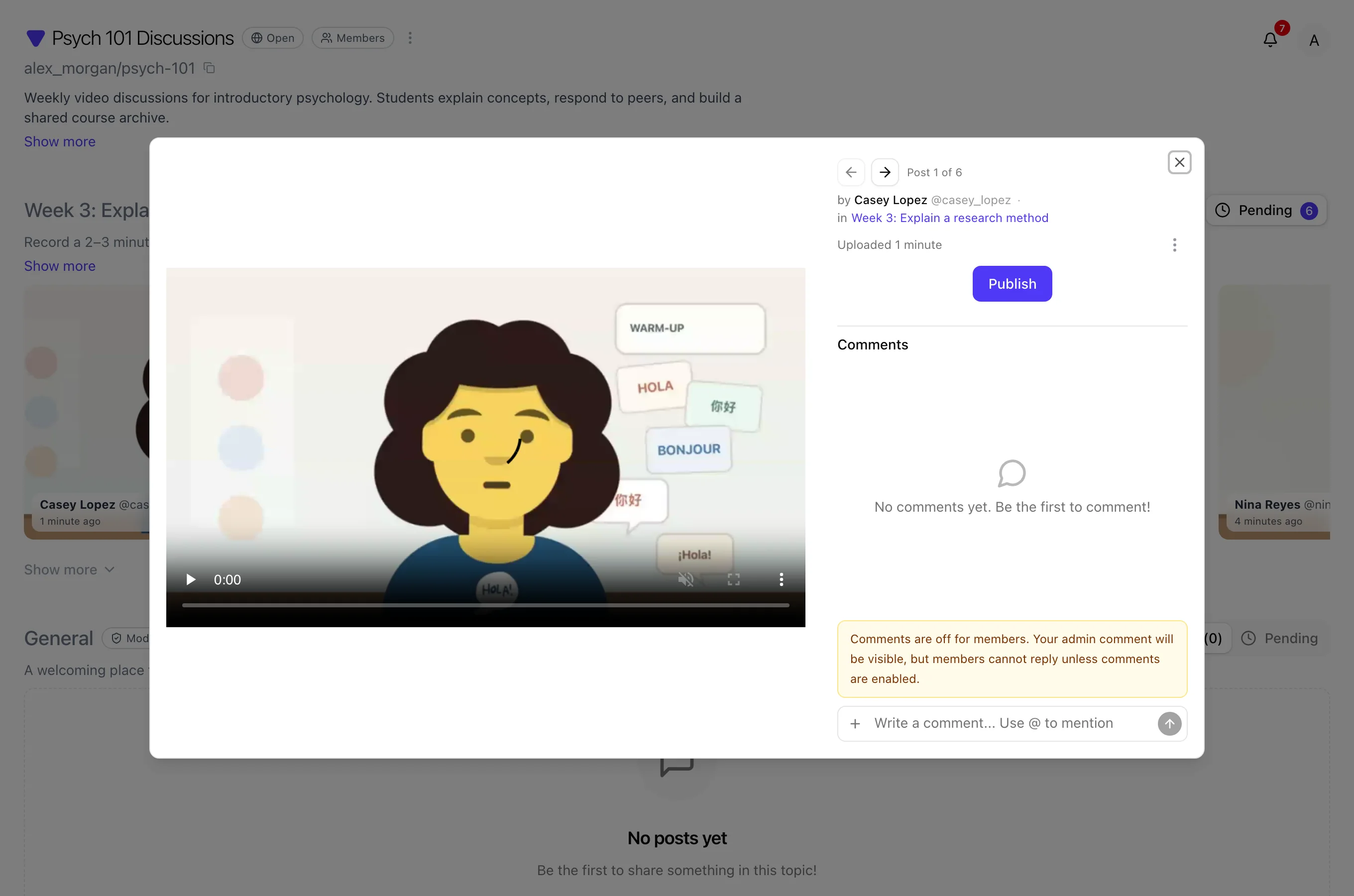 Post detail dialog for a pending student video with a Publish control