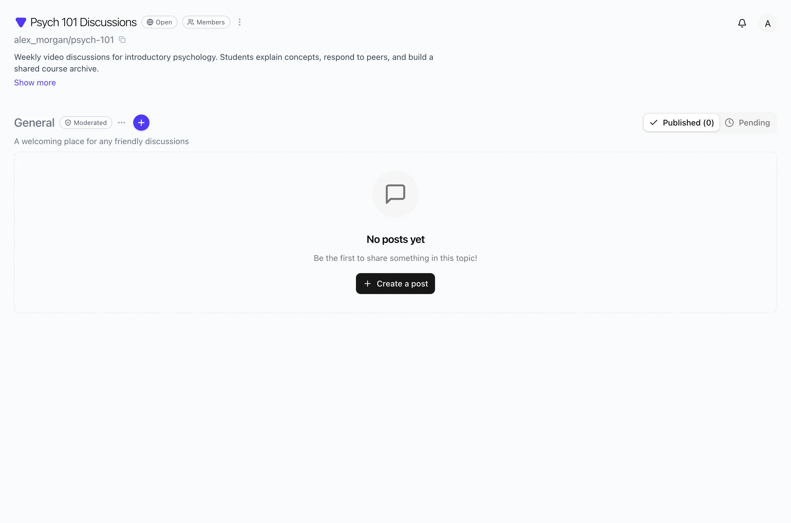 New Psych 101 Discussions Space with Open access, description, and empty General topic