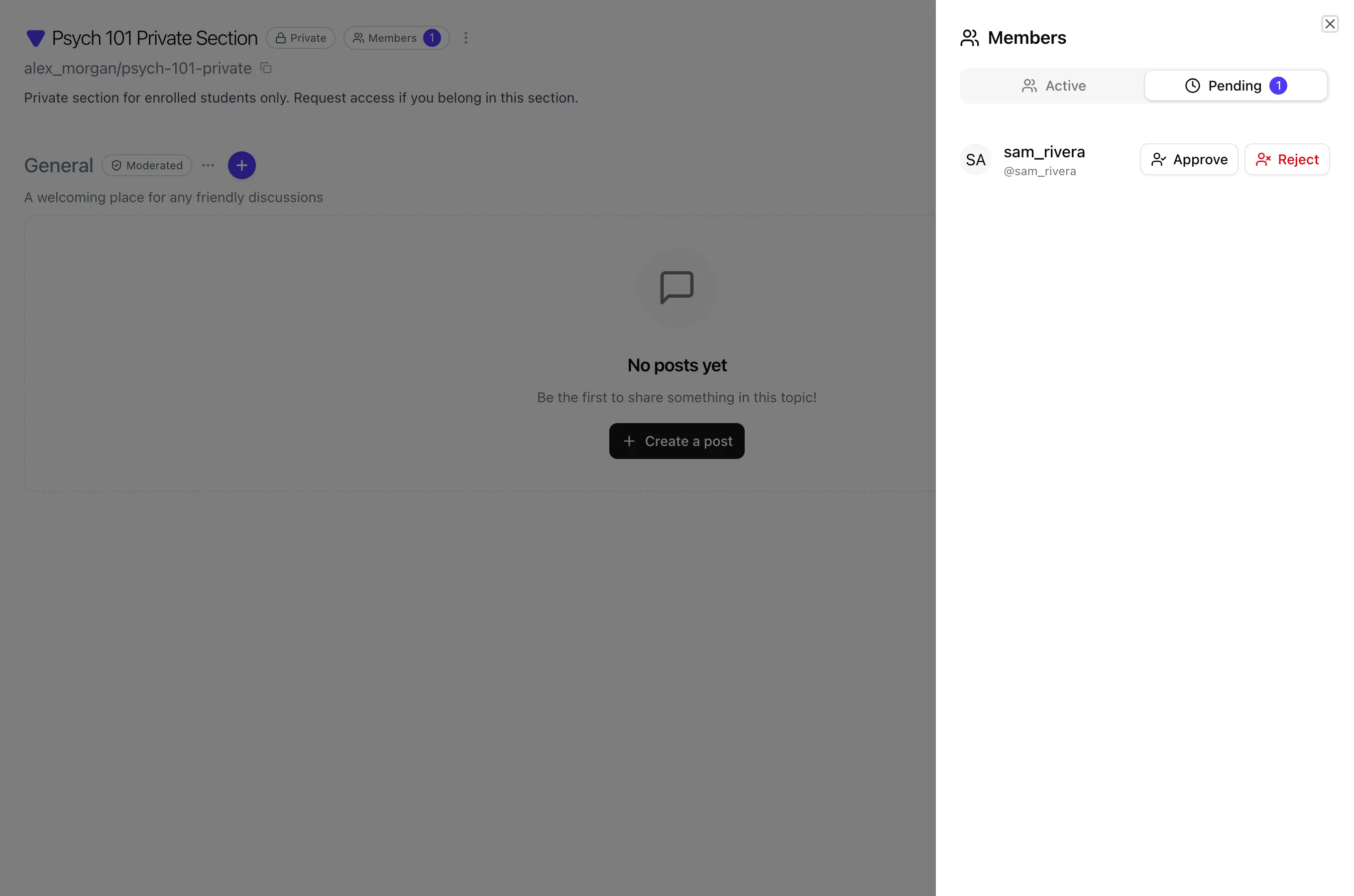 Members panel Pending tab with student request and Approve and Reject buttons