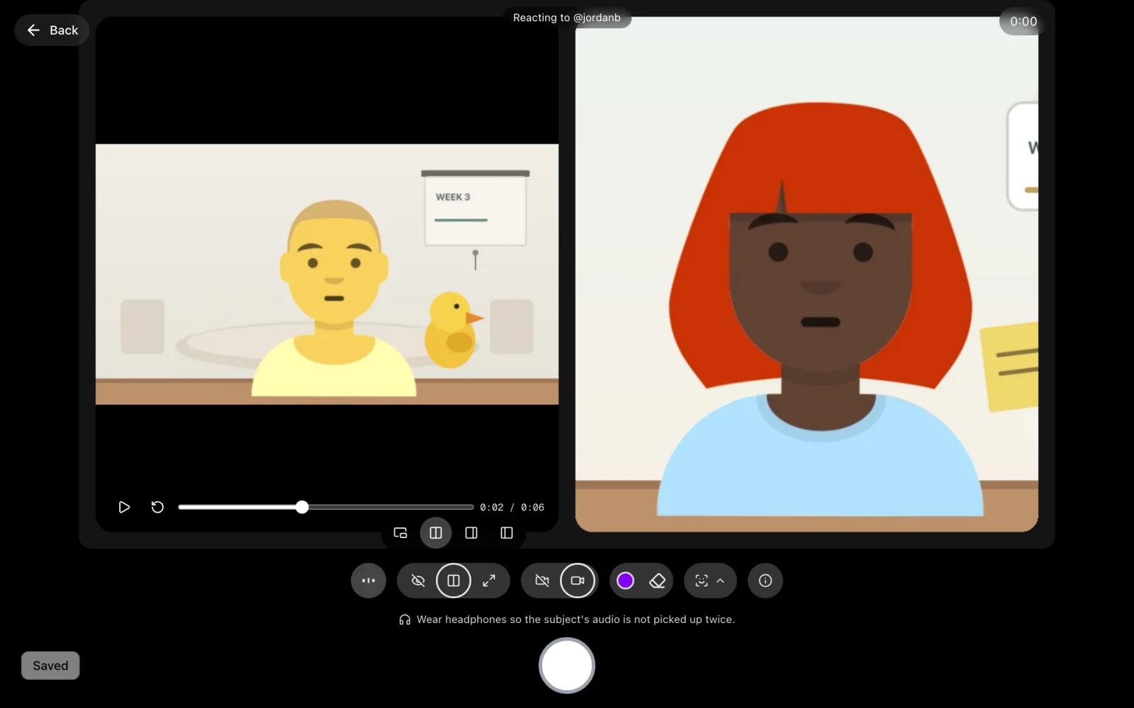 Reaction recorder with the Camera placement menu open, showing picture-in-picture and three split layouts