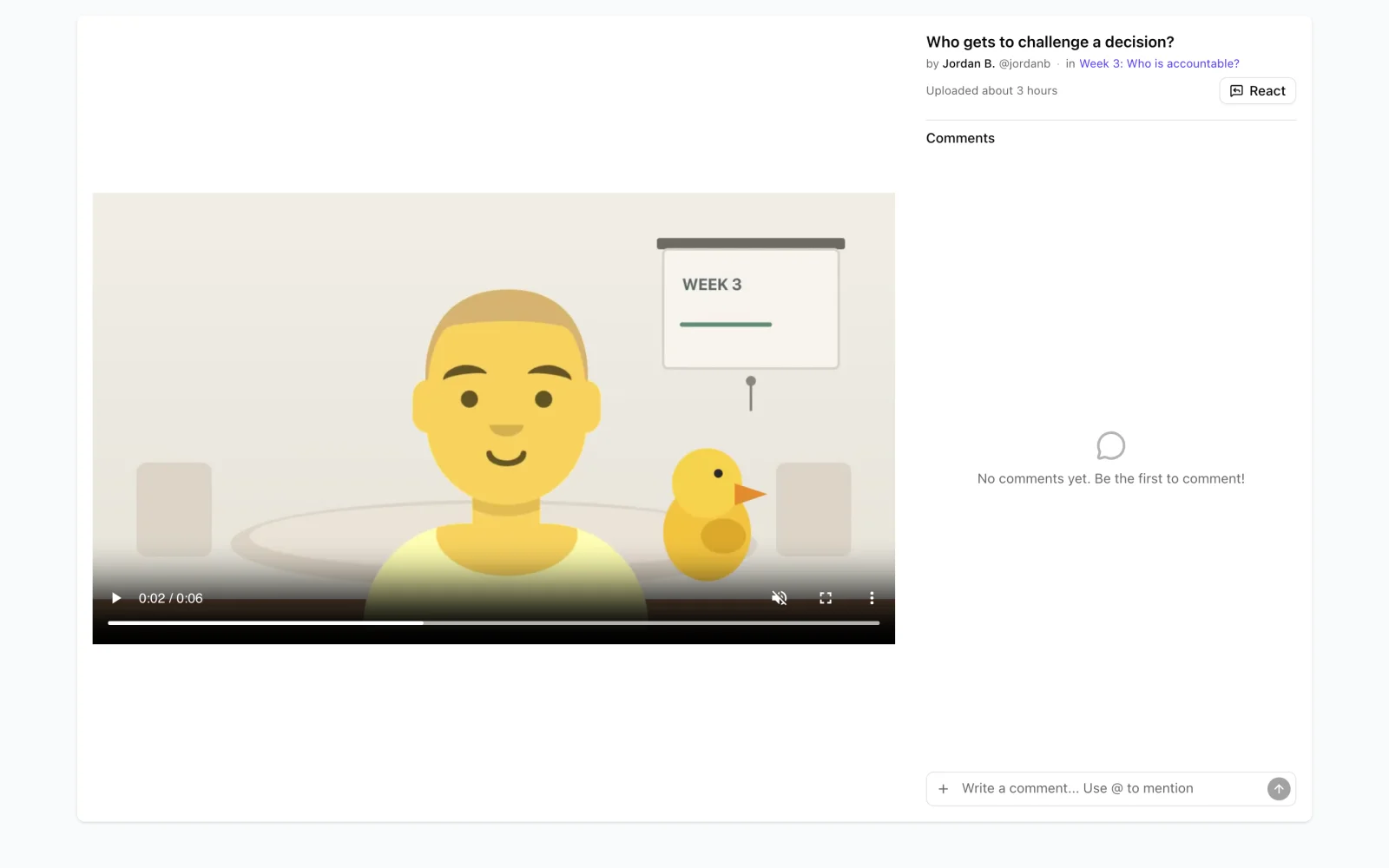 A post by Jordan B. titled Who gets to challenge a decision?, with the React button beside the title