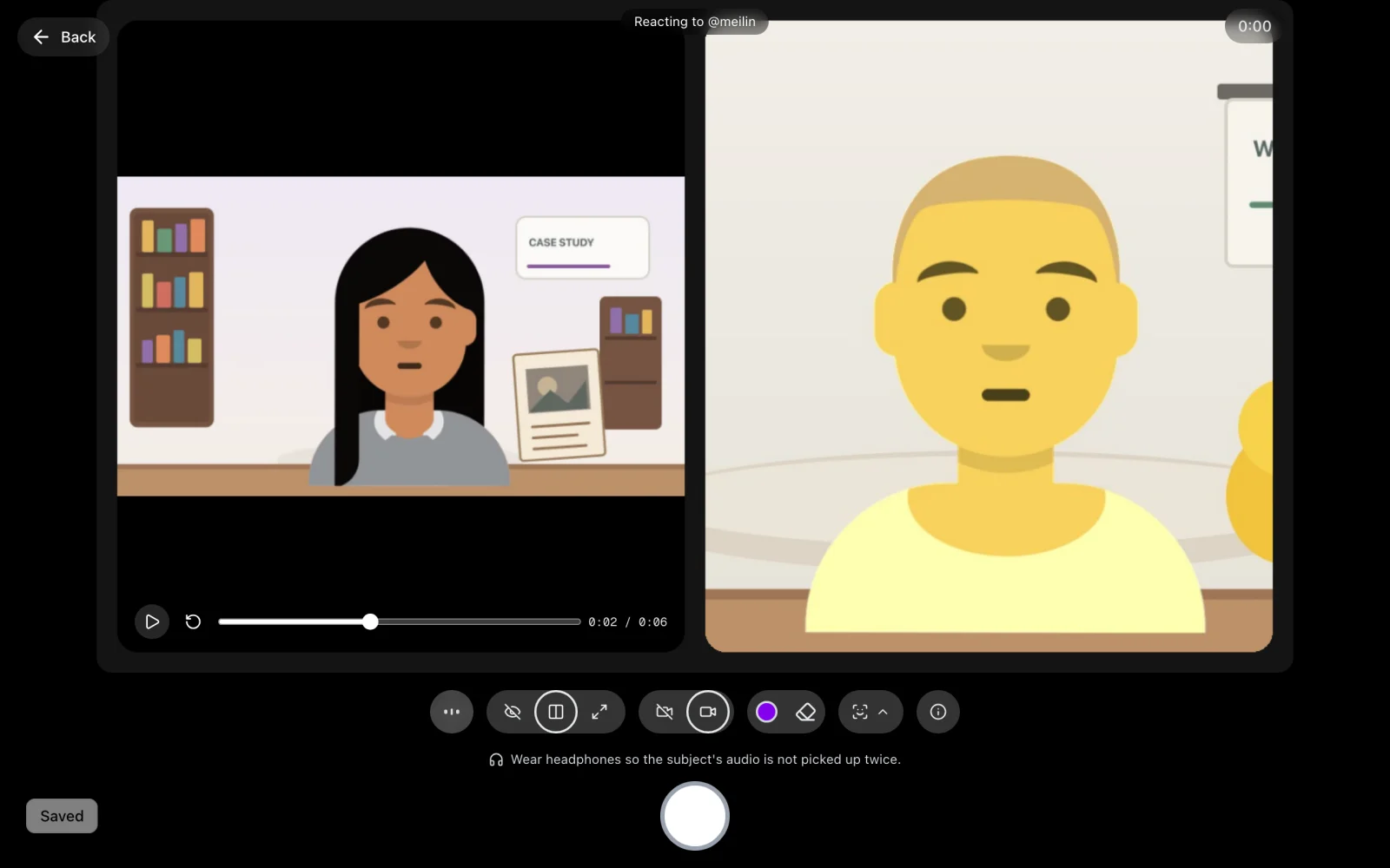 The Vivipod recorder in reaction mode, with Mei L.'s original video on the left with its own play controls and the student's camera on the right