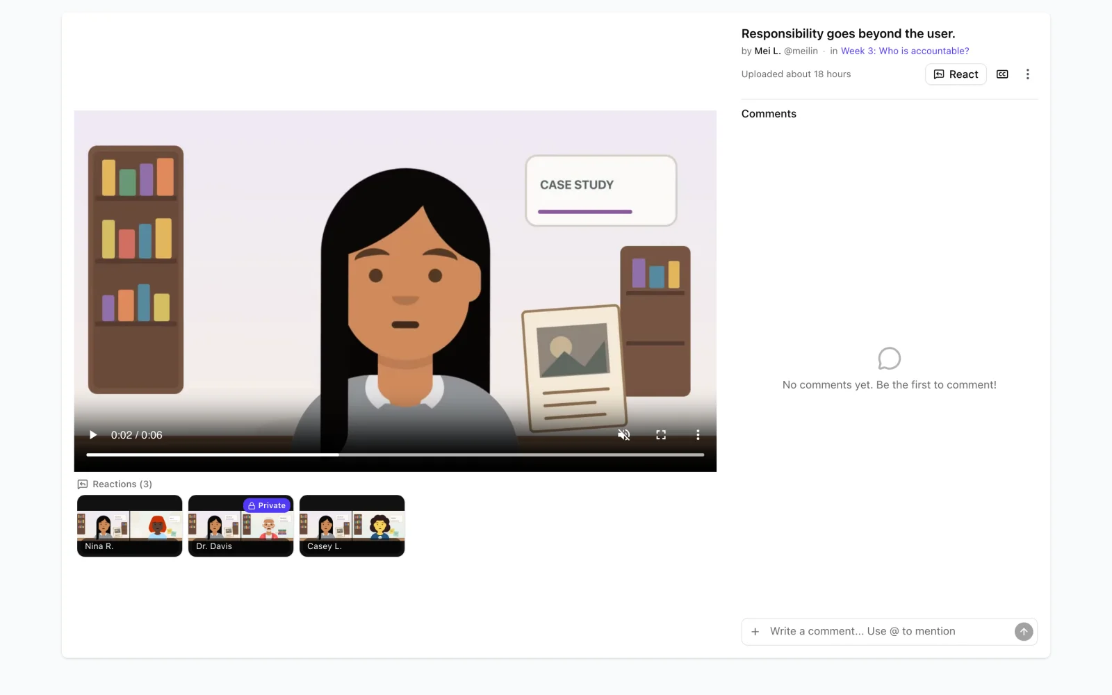 A Vivipod post by Mei L. with a Reactions row of three thumbnails under the video: Nina R., Dr. Davis marked Private, and Casey L.