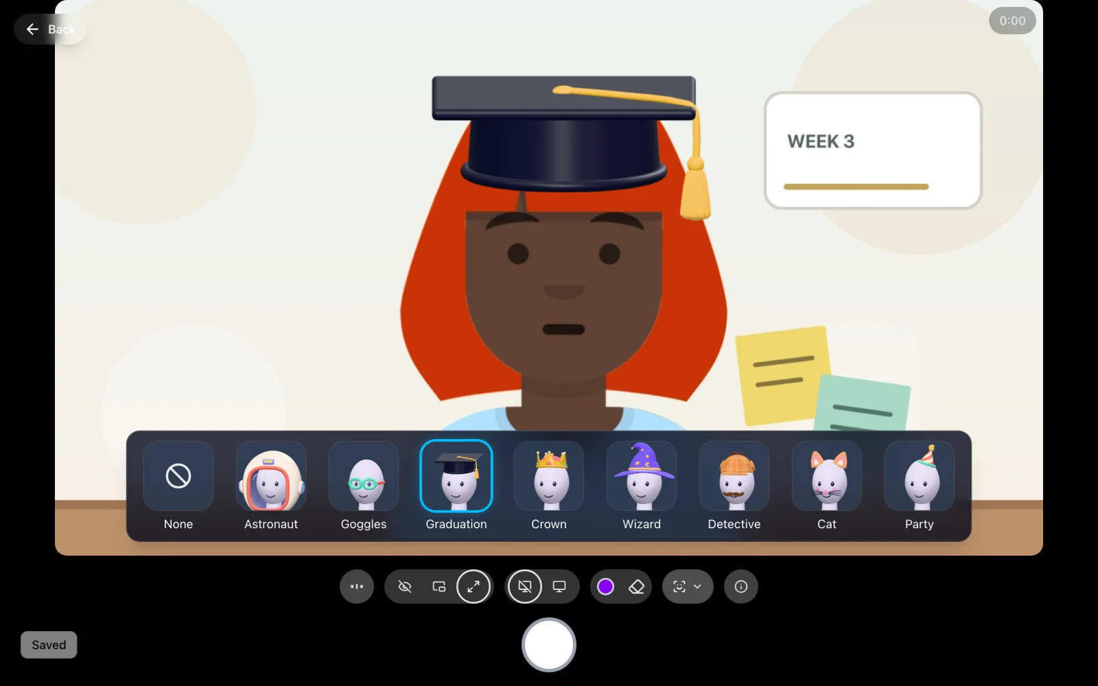The Vivipod recorder with the filter picker open and a graduation cap filter on the student's head