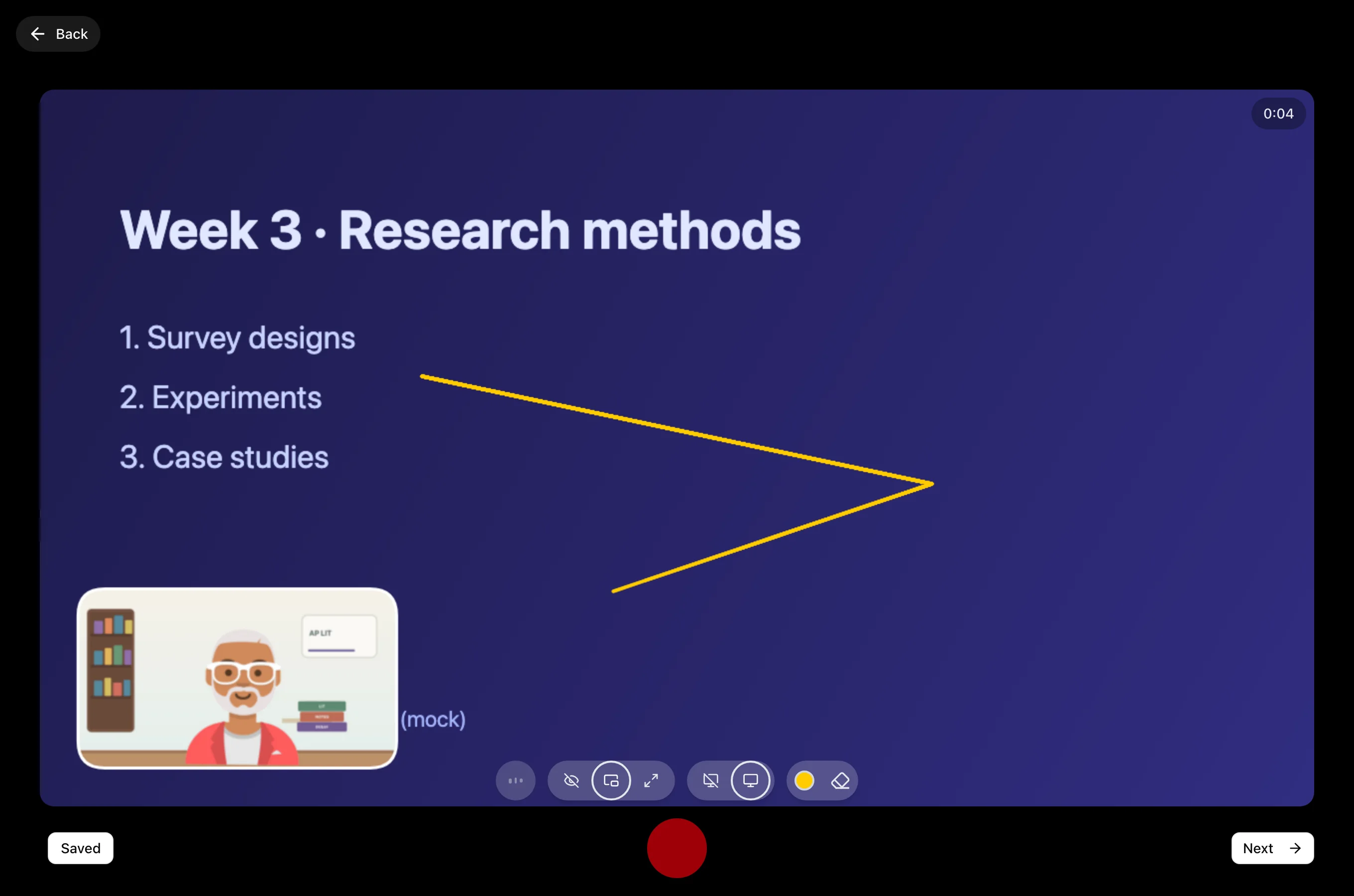 Recorder showing shared slide deck full frame with instructor camera in a corner PiP and drawn annotations