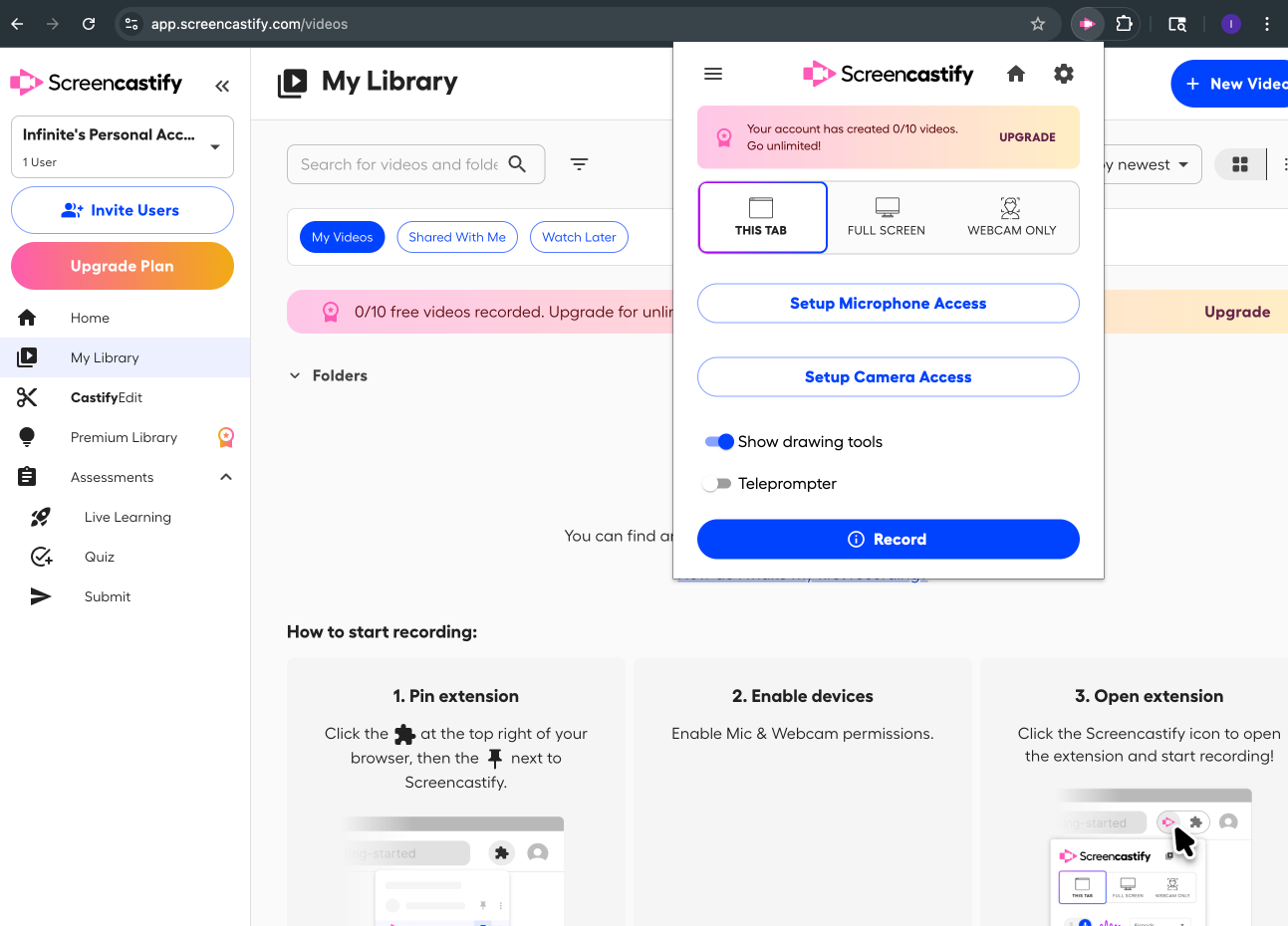 Screencastify Record extension setup flow