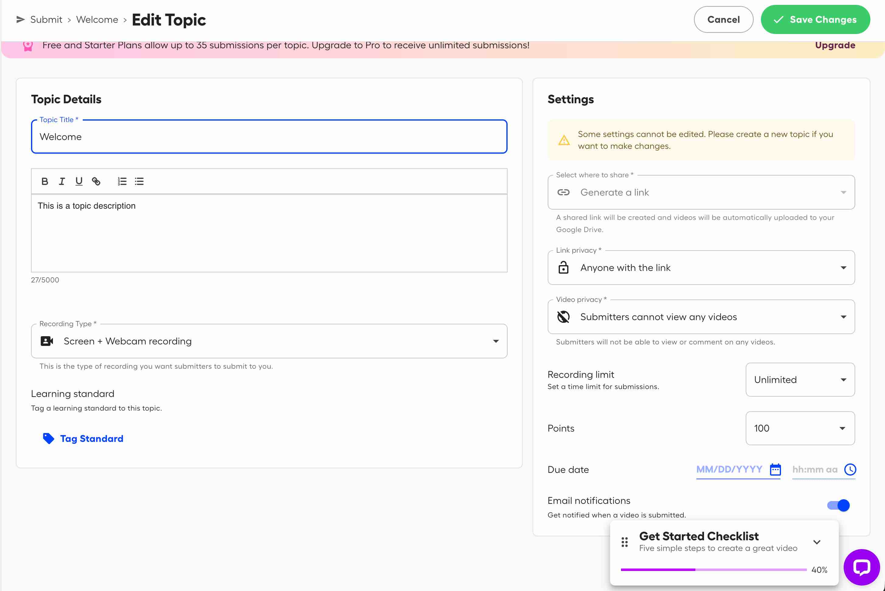 Screencastify Submit topic creation view