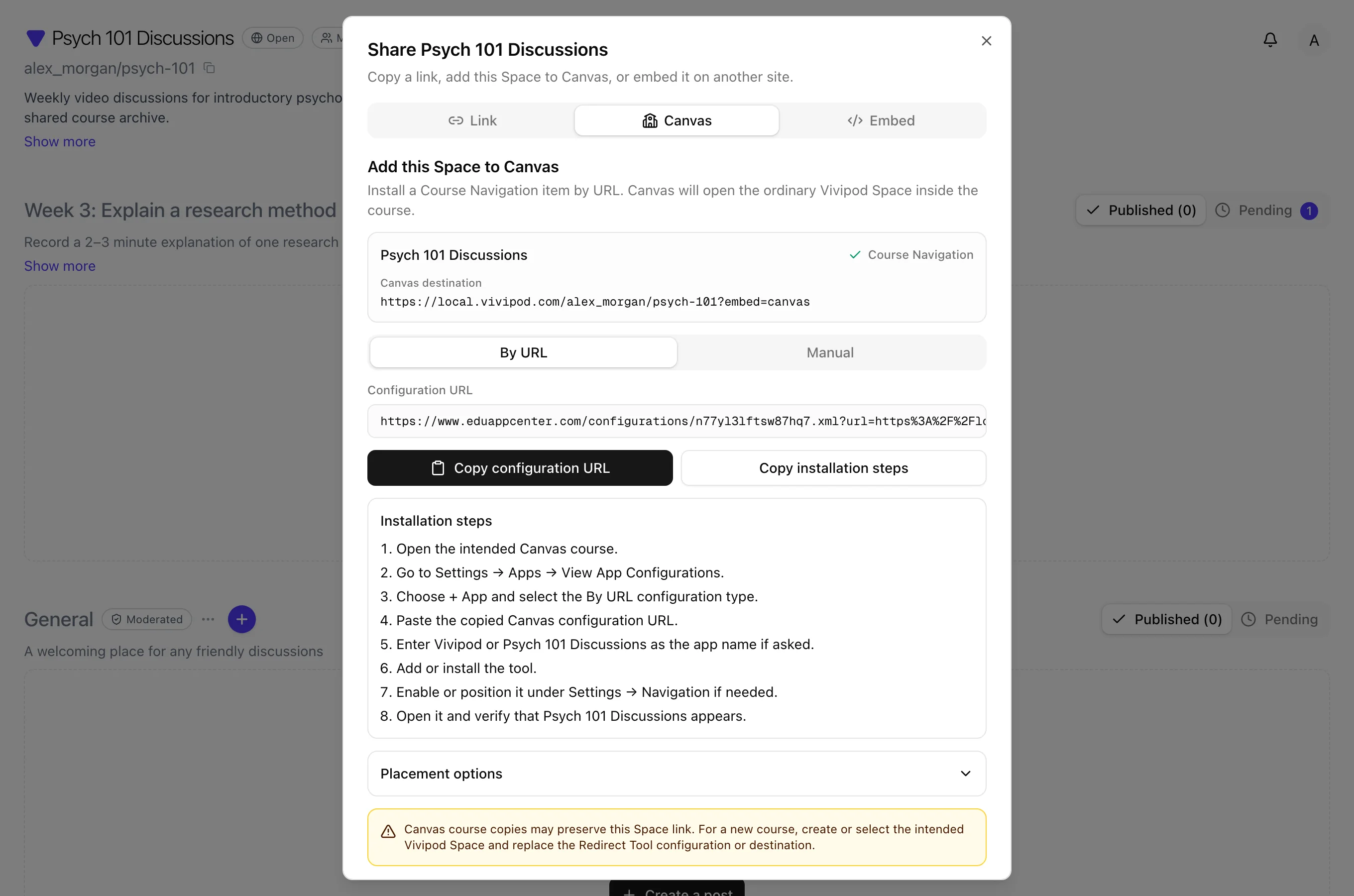 Share dialog Canvas tab with configuration URL and installation steps