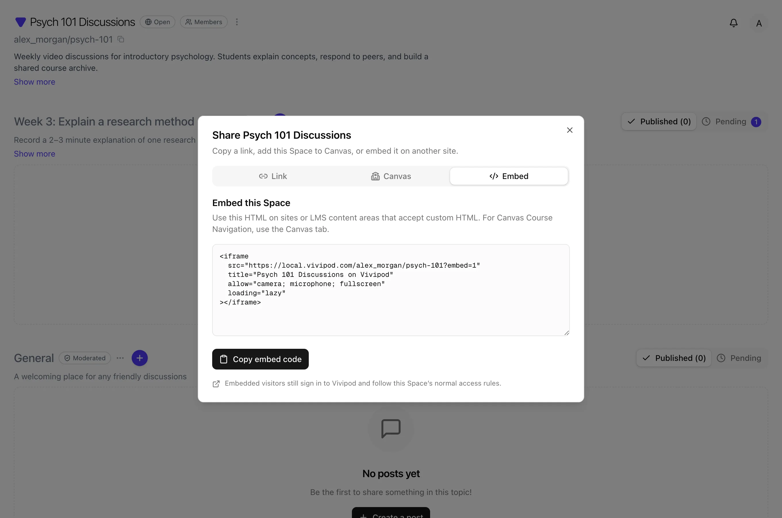 Share dialog Embed tab with iframe HTML including camera and microphone permissions