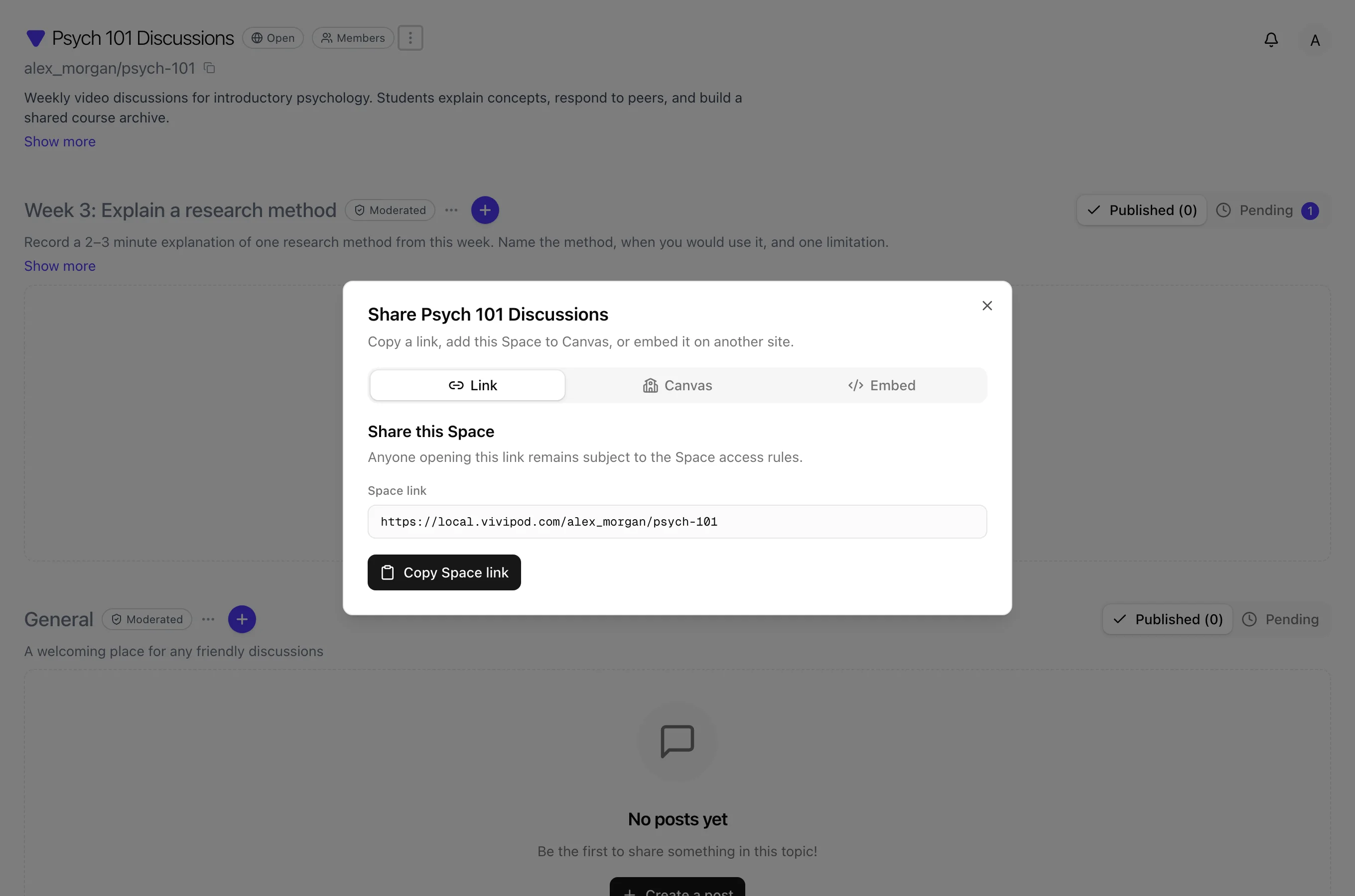 Share dialog Link tab with Space URL and Copy Space link button