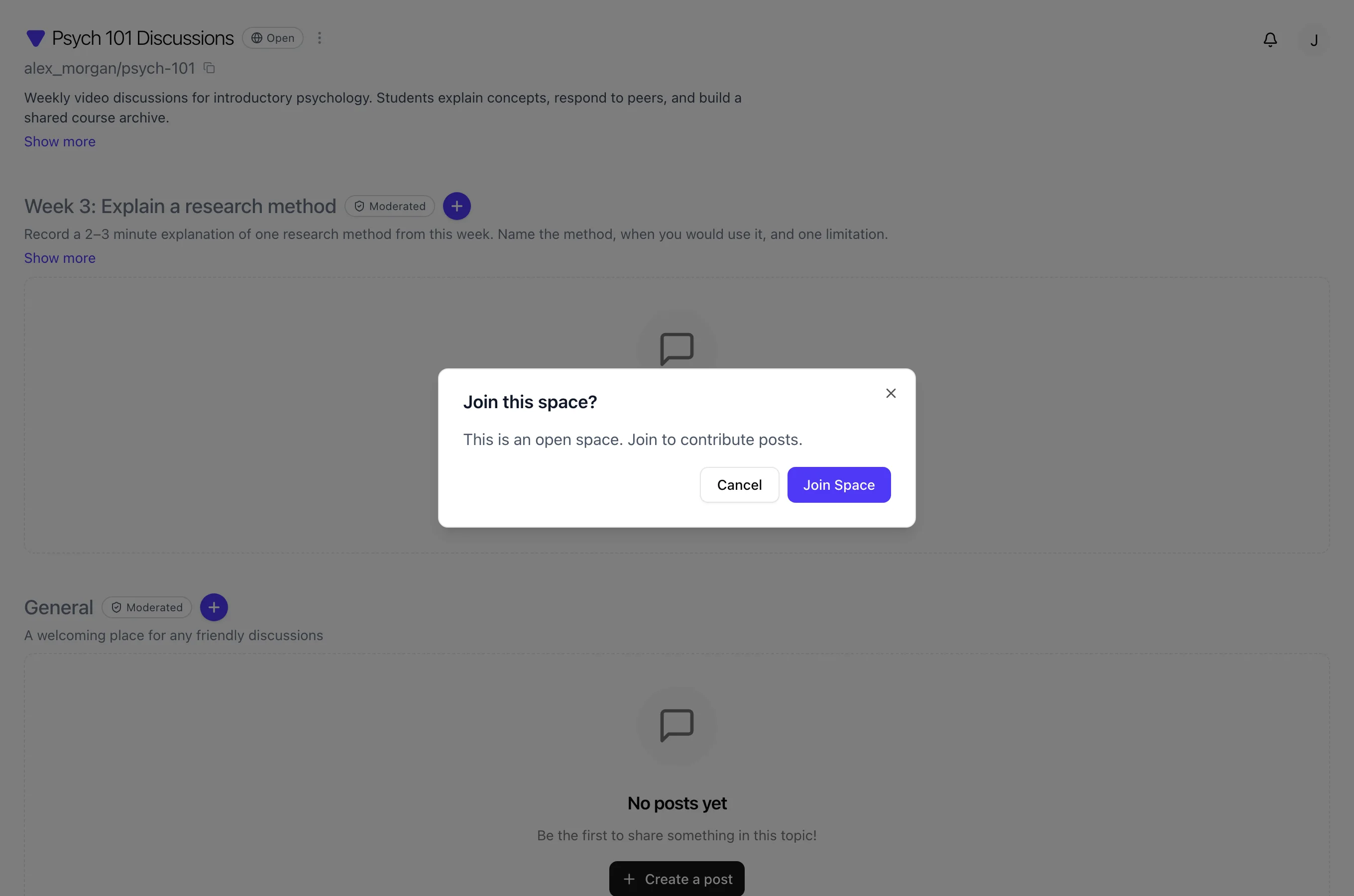 Join this space dialog for an open Space with Join Space button
