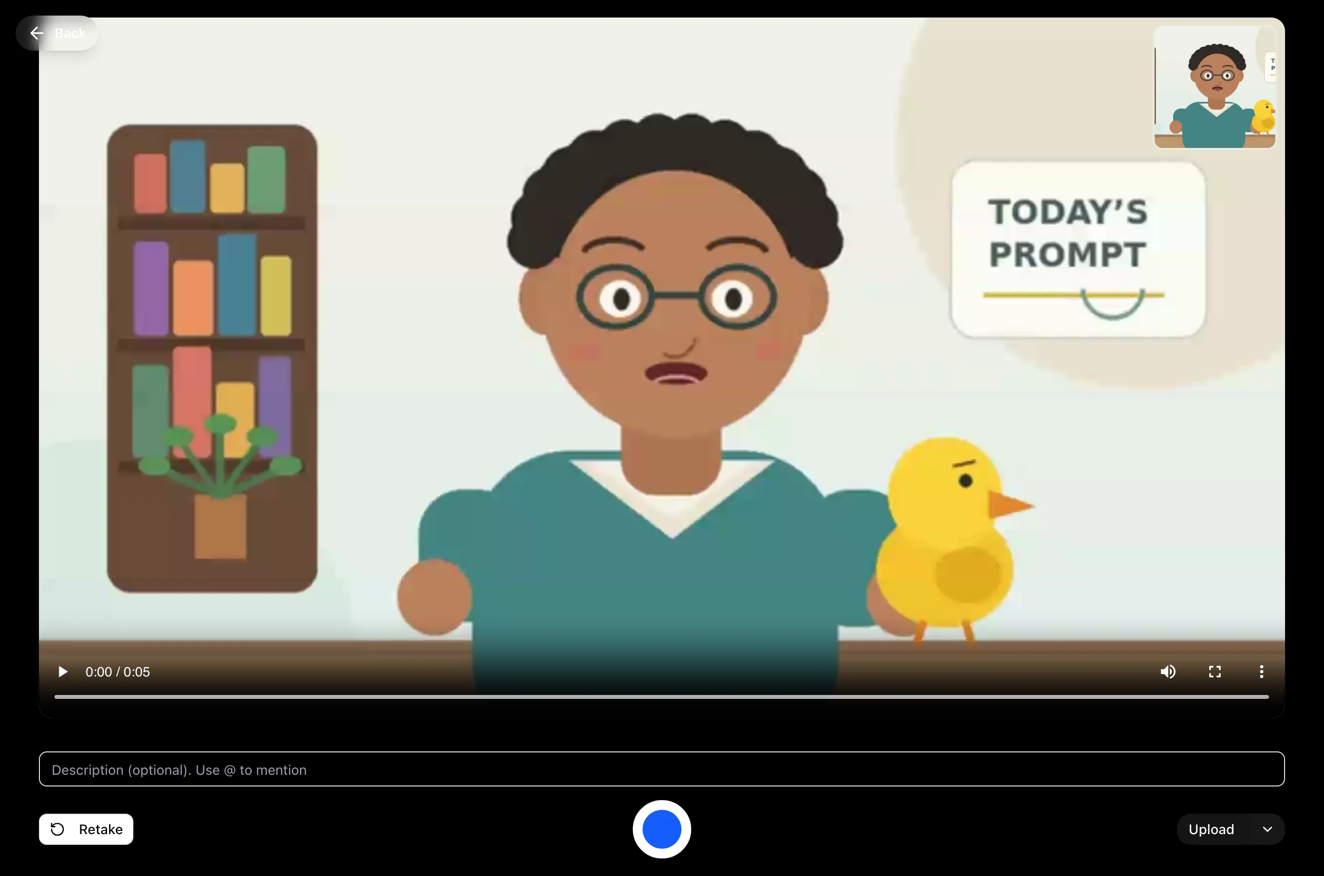 Preview screen with recorded video, Retake, and Upload