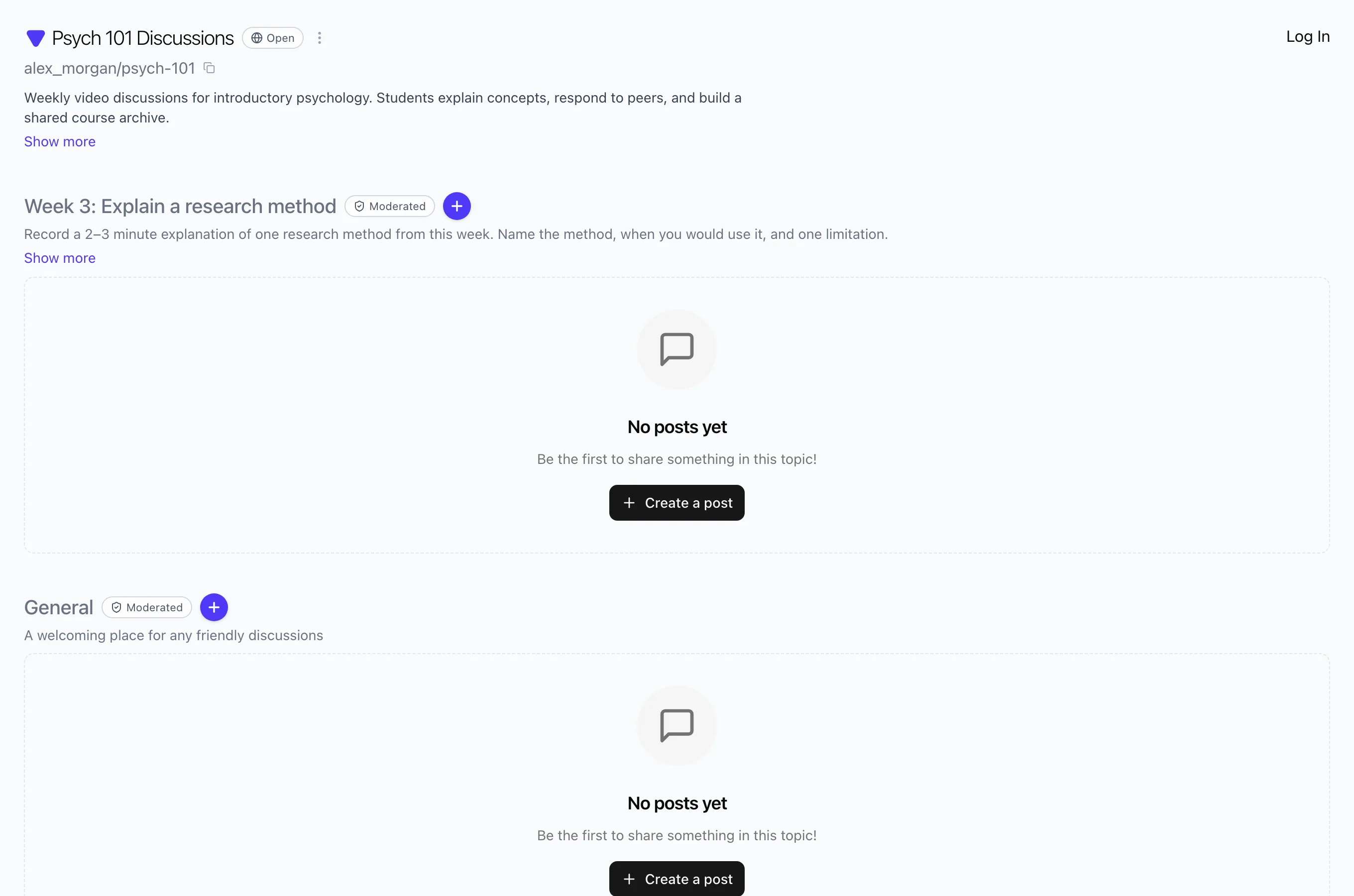 Open Vivipod Space viewed while signed out, with Log In and Create a post visible