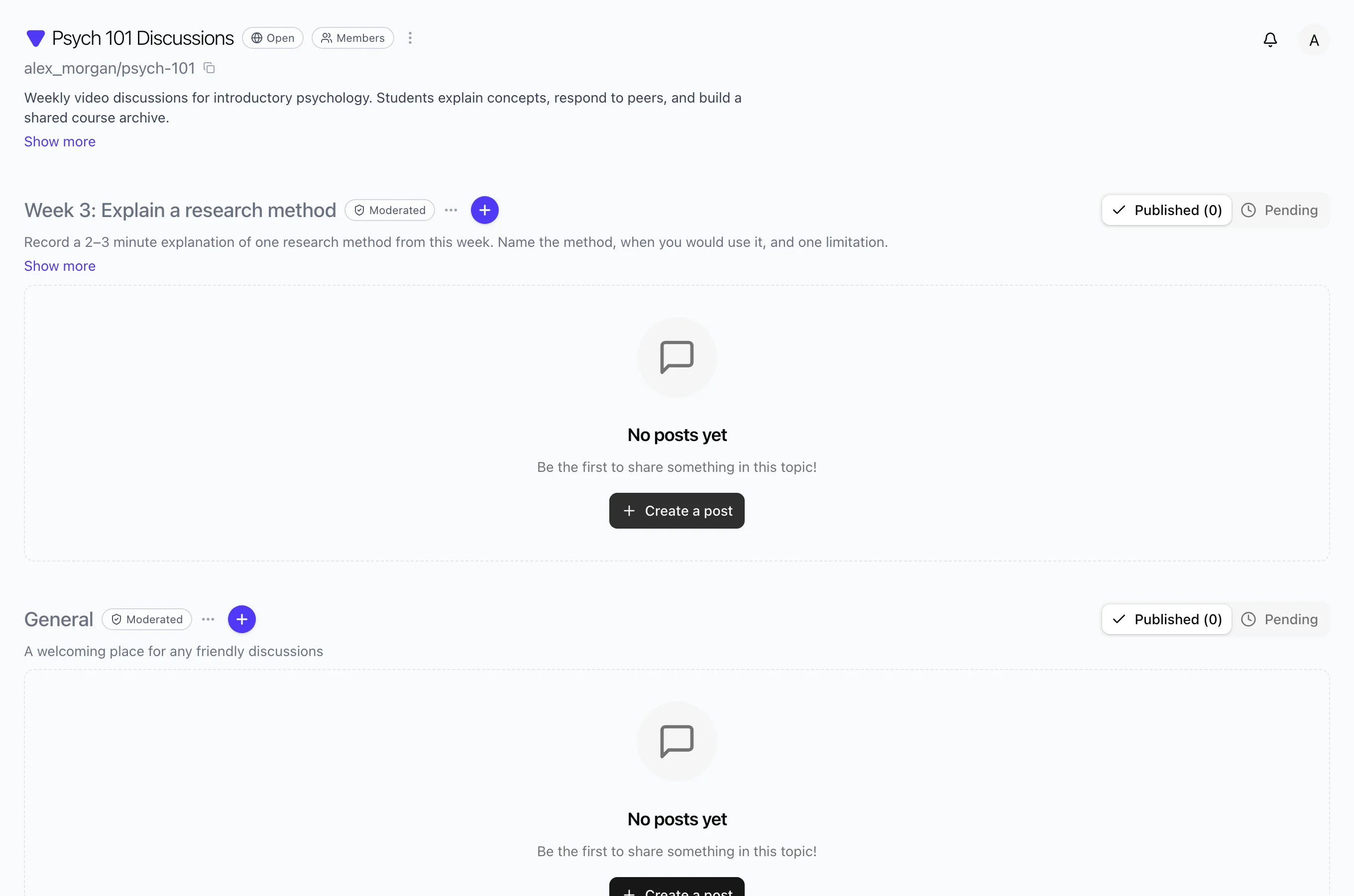 Vivipod Space with Week 3 topic empty state and Create a post button