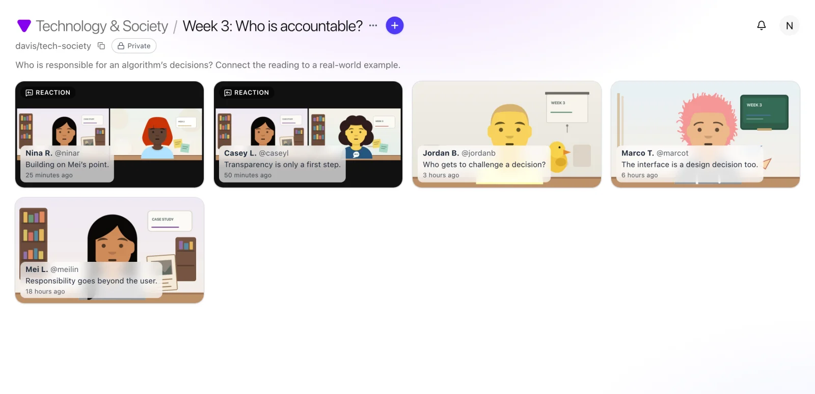 A Vivipod Topic page titled Week 3: Who is accountable?, with the Space name as a back link, a copy-link button, the prompt, and a grid of student video posts, two marked Reaction