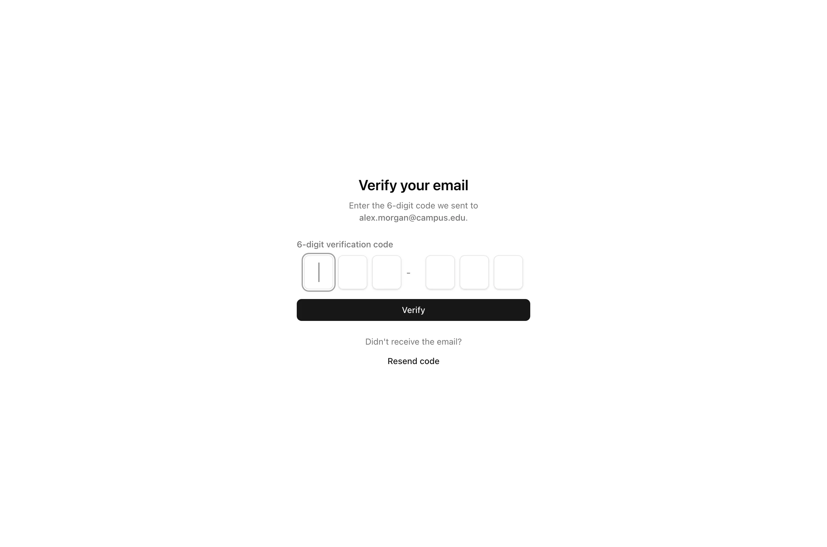 Vivipod email verification screen with a 6-digit code input