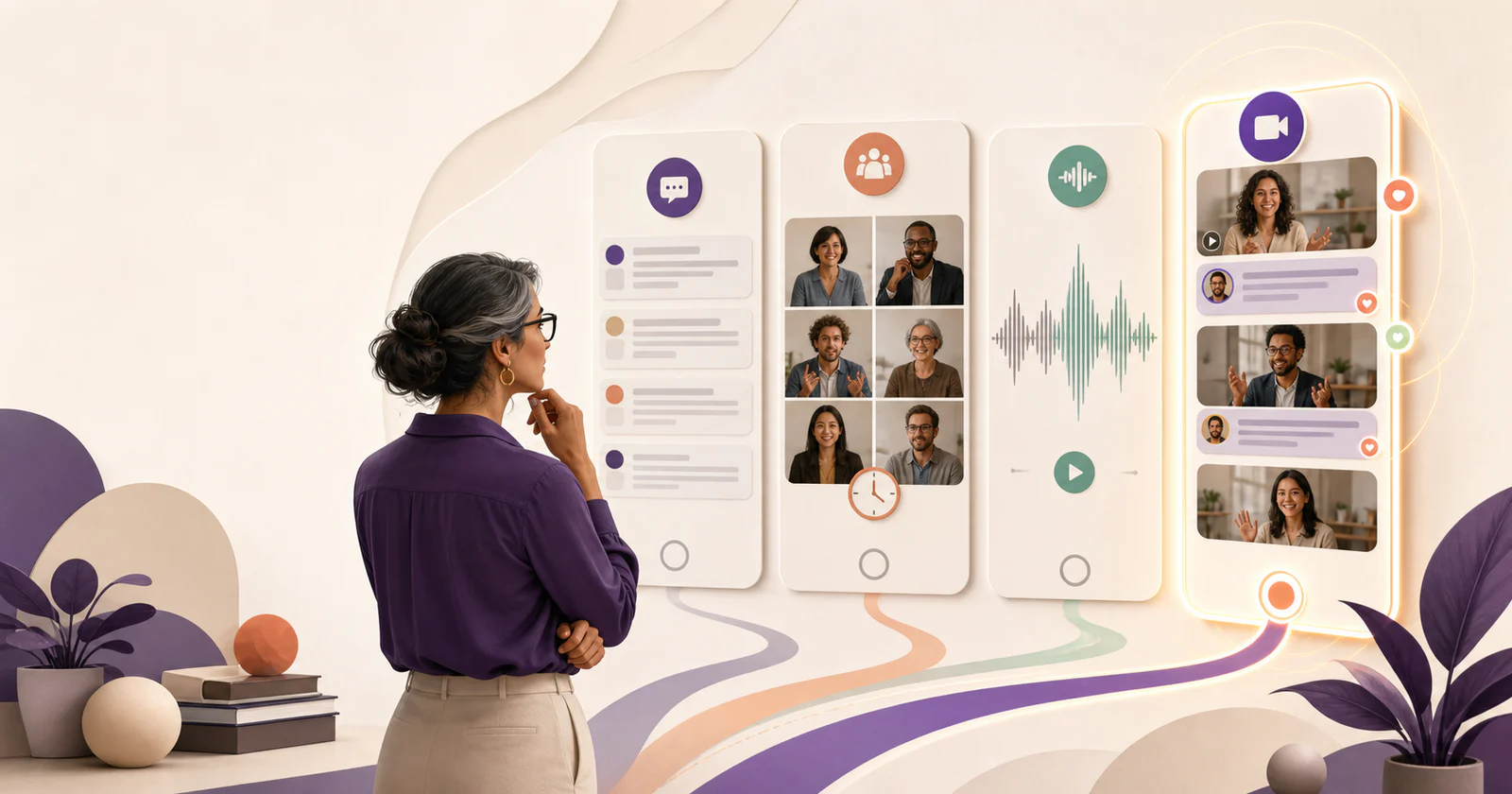 Illustration of a university instructor comparing text, live, audio, and asynchronous video discussion formats